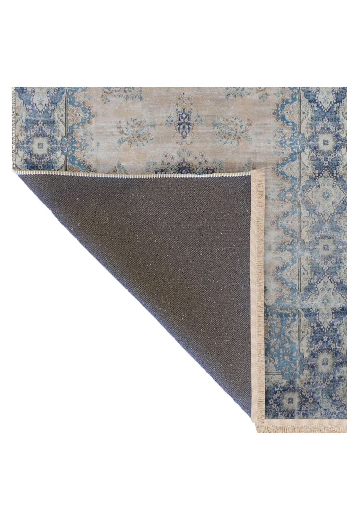 Emre Koleksiyonu Mavi Bej Temalı Geleneksel Motif Desenli Dokuma Taban Vintage Dekoratif Halı 06
