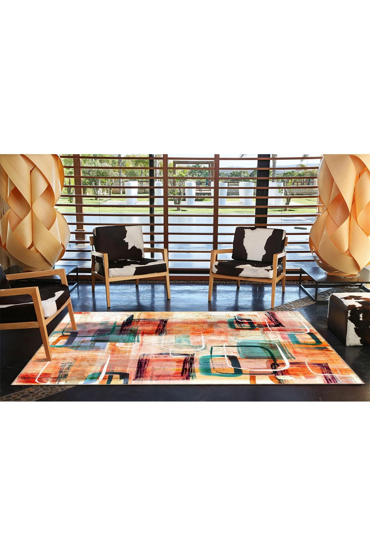 Turuncu Pastelli Geometrik Desenli Sarı Tonlarda Dekoratif Yıkanabilir Halı miravip8965
