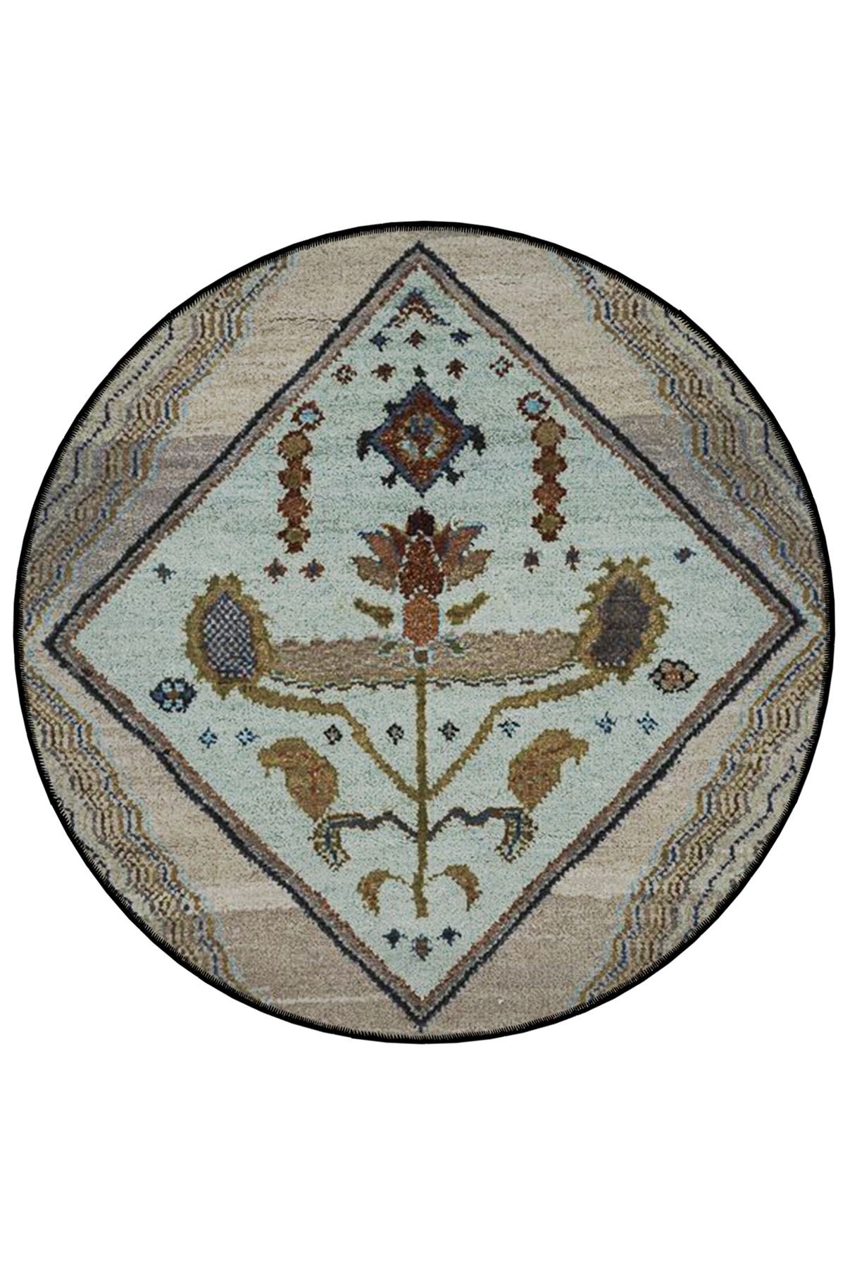 Mira Yuvarlak Bej Tonlarda Antik Desen Dokuma Taban Modern Dekoratif Halı 5630