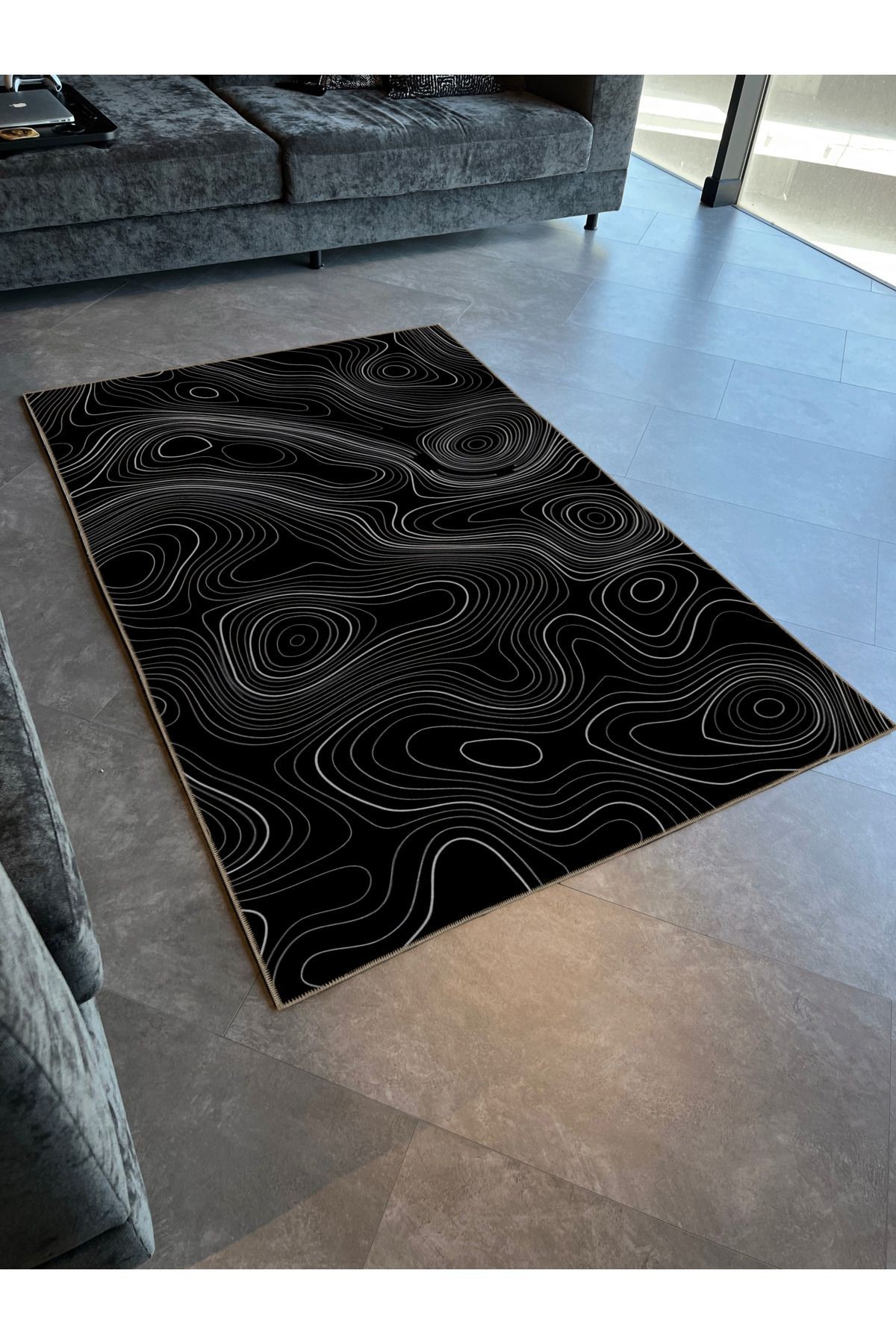 Siyah Temalı Sürrealist Soyut Dalgalı Spiral Desenli Modern Dekoratif Halı 2371