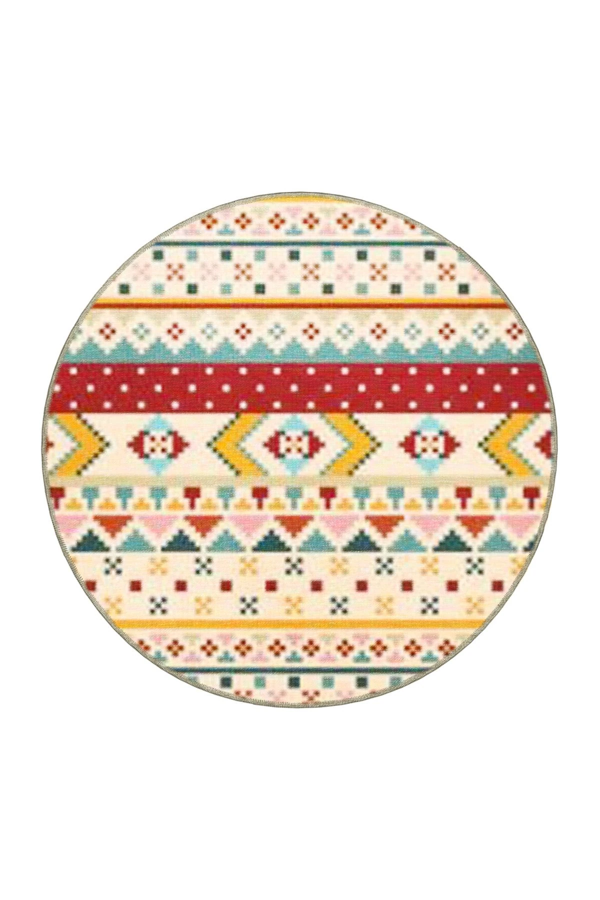 Bej Temalı Çok Renkli Motifli Etnik Figür Desenli Vintage Dekoratif Halı 4667