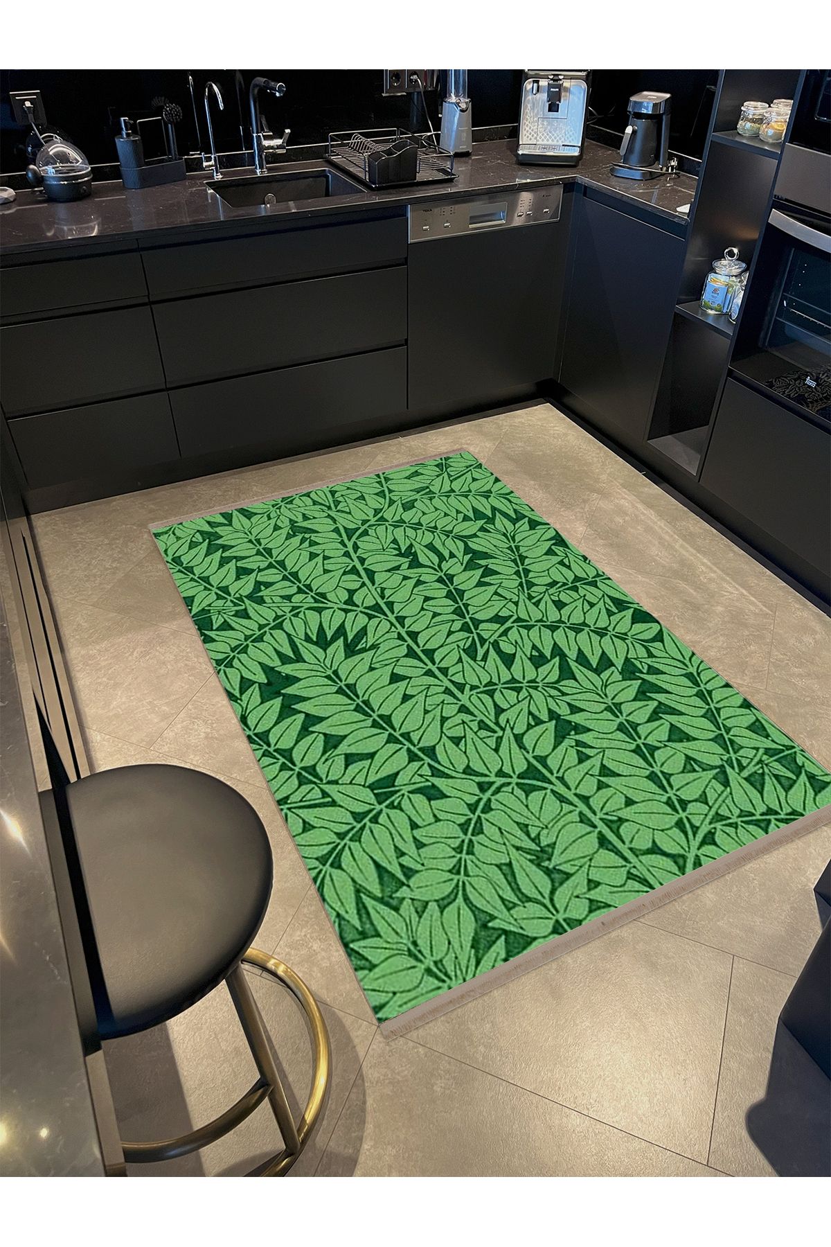 Özge Koleksiyonu Yeşil Tonlarda Yapraklar Desenli Dokuma Taban Modern Dekoratif Halı özge06