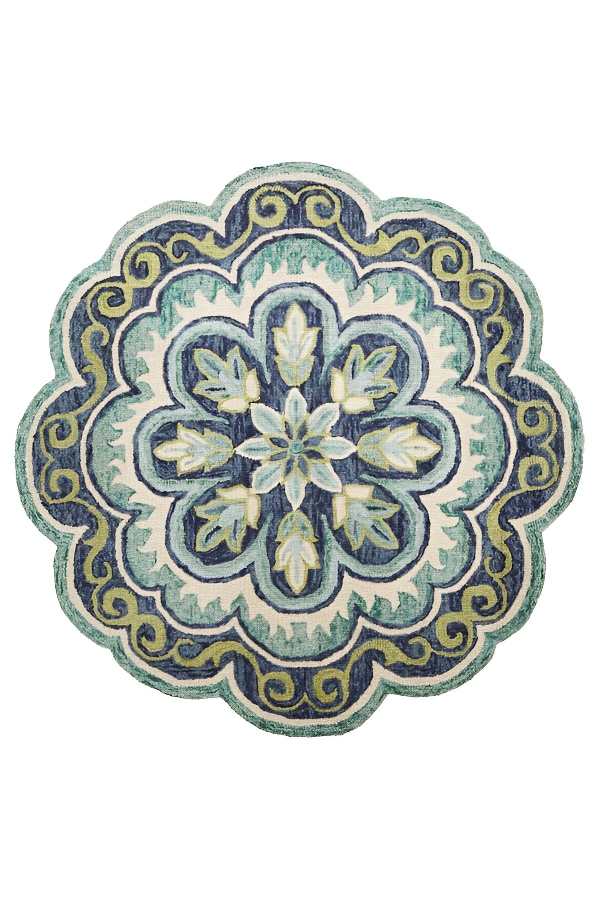 Mavi Ton Geleneksel Motif Çiçek Desenli Dokuma Taban Yuvarlak Dekoratif Halı 2095