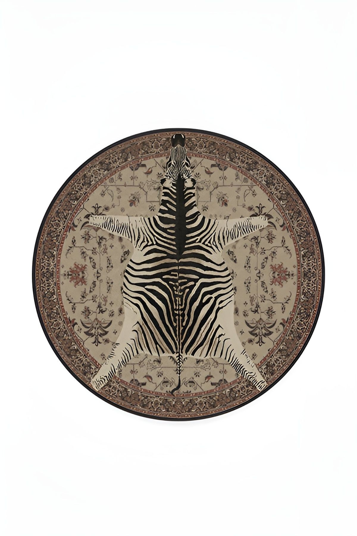 Yuvarlak Zebra Bej Etnik Desenli Dokuma Taban Dekoratif Halı