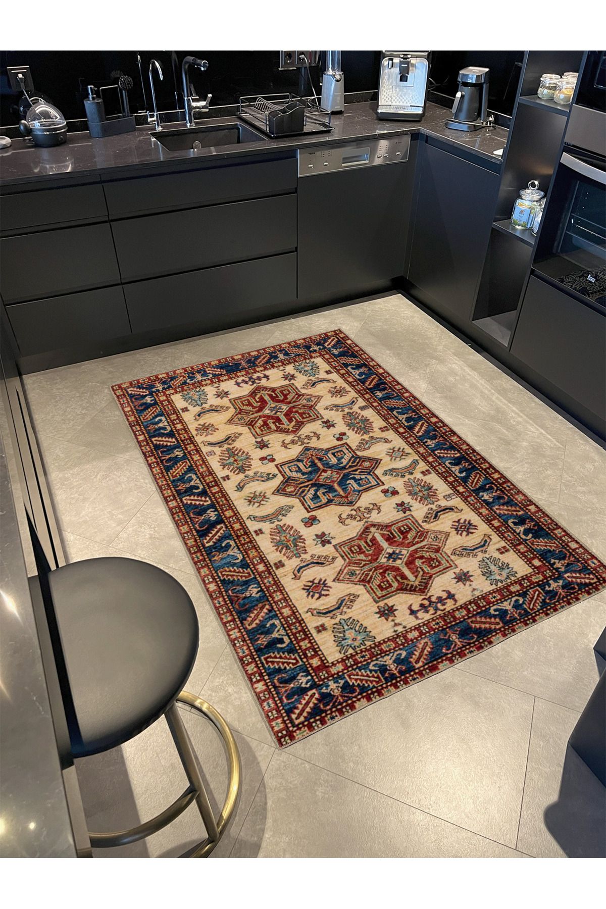 Mavi Krem Yıldızlı Geleneksel Desenli Dokuma Taban Halı miravip126