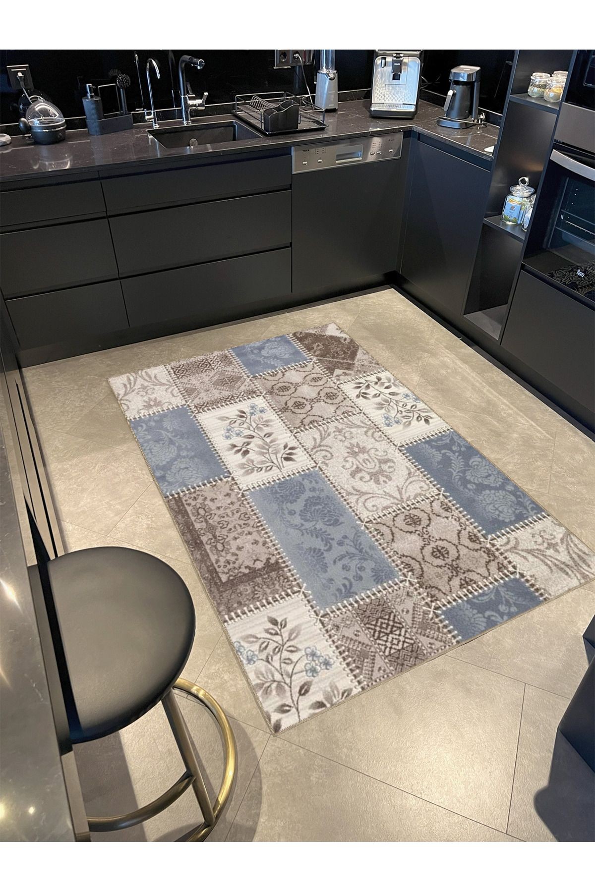 Floral Temalı Mavi Bej Ton Motifli Çiçek Desenli Vintage Dekoratif Halı 4838