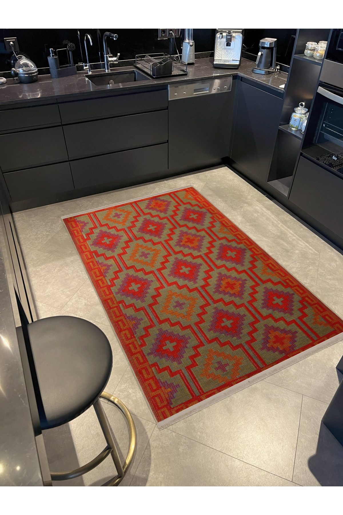 Turuncu Temalı Motifli Geometrik Desenli Saçaklı Vintage Dekoratif Halı 3093