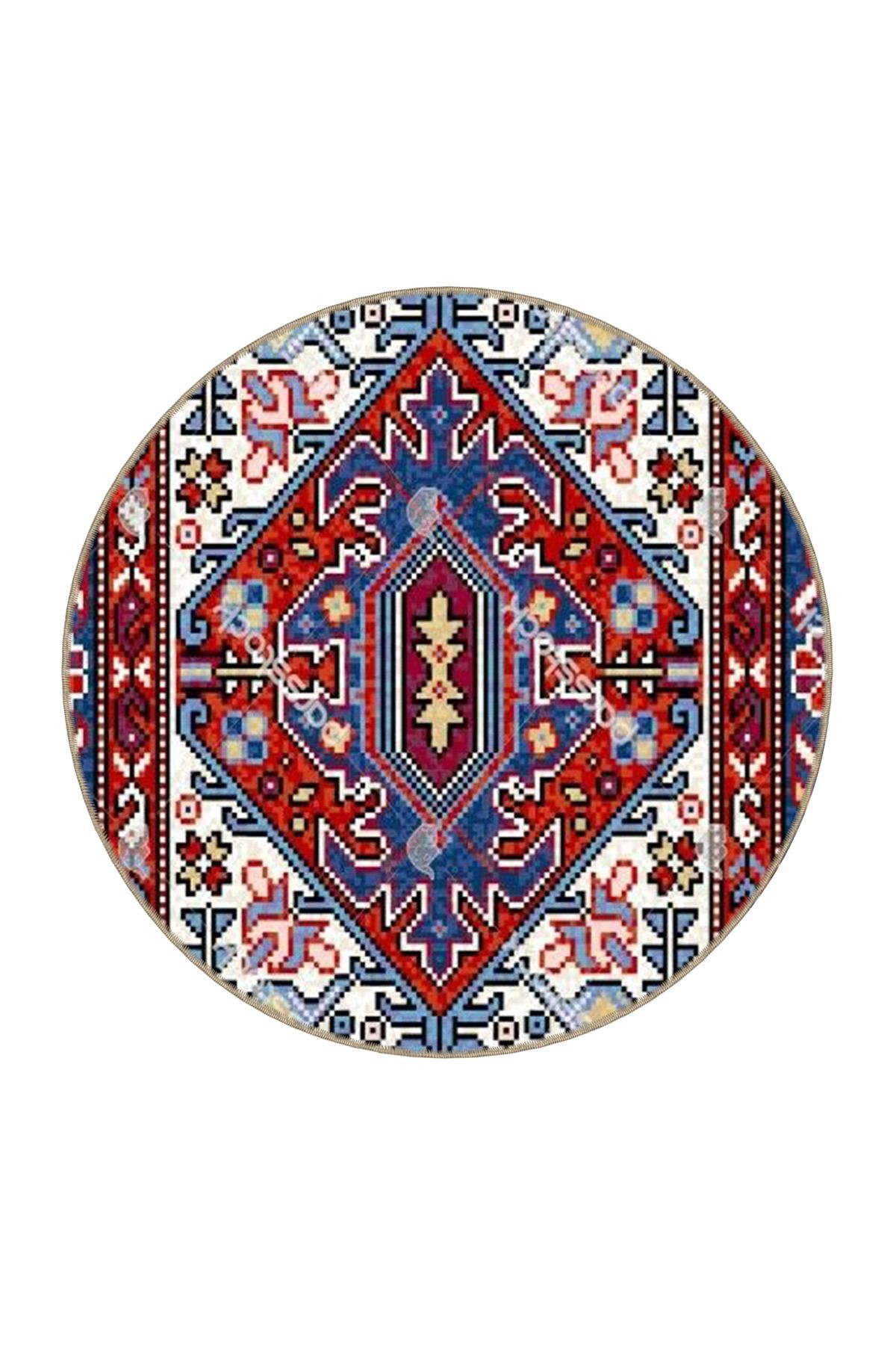 Mavi Bordo Temalı Geleneksel Motif Desenli Vintage Dekoratif Halı 3555