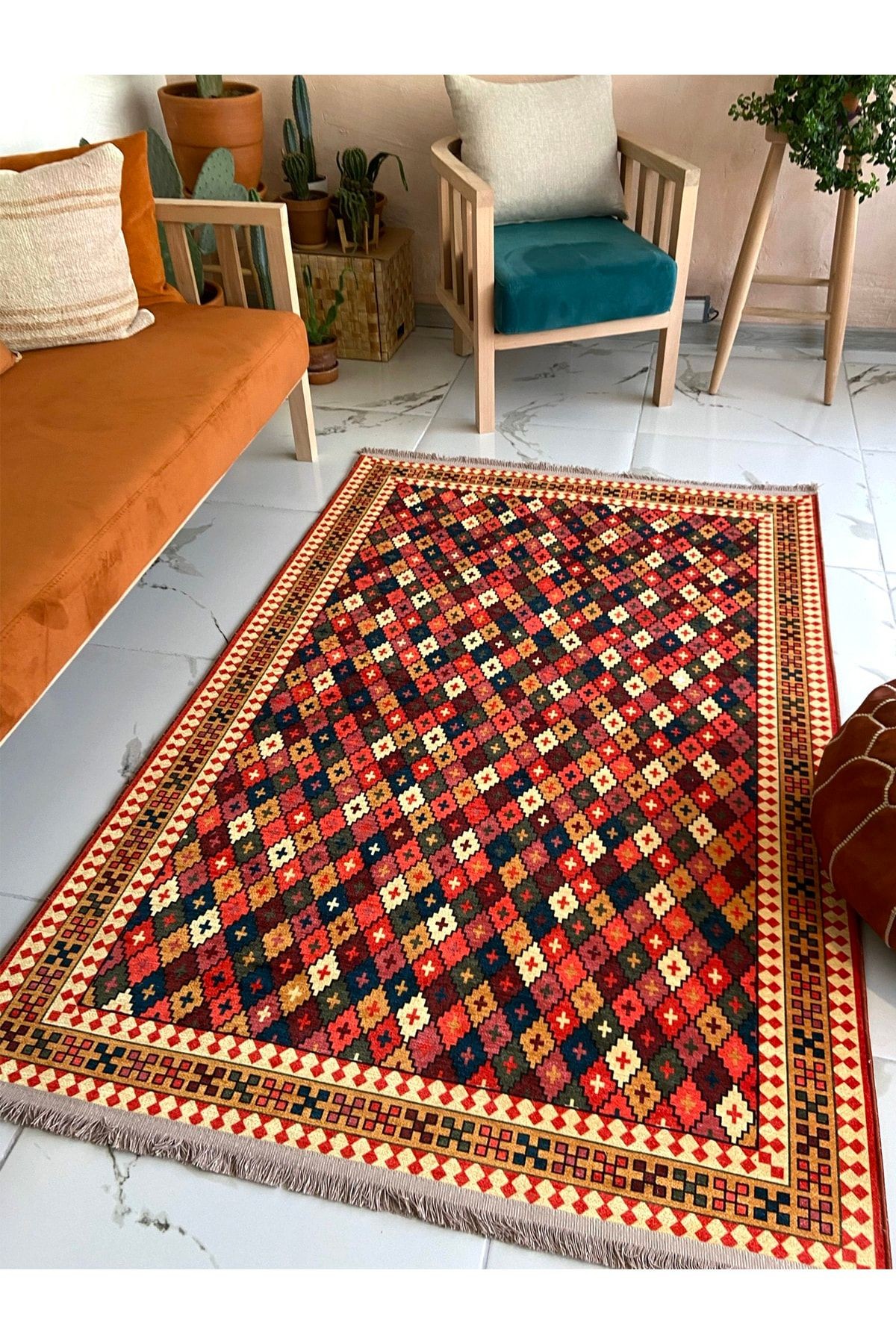 Kiremit Geometrik Desen Halı