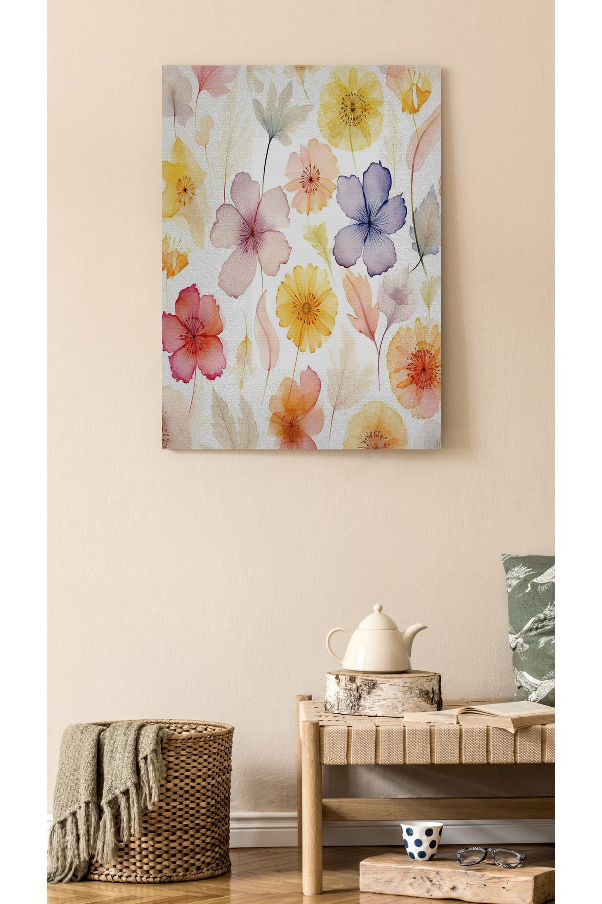 Kanvas Tablo Krem Temalı Floral Desenli Modern Tablo