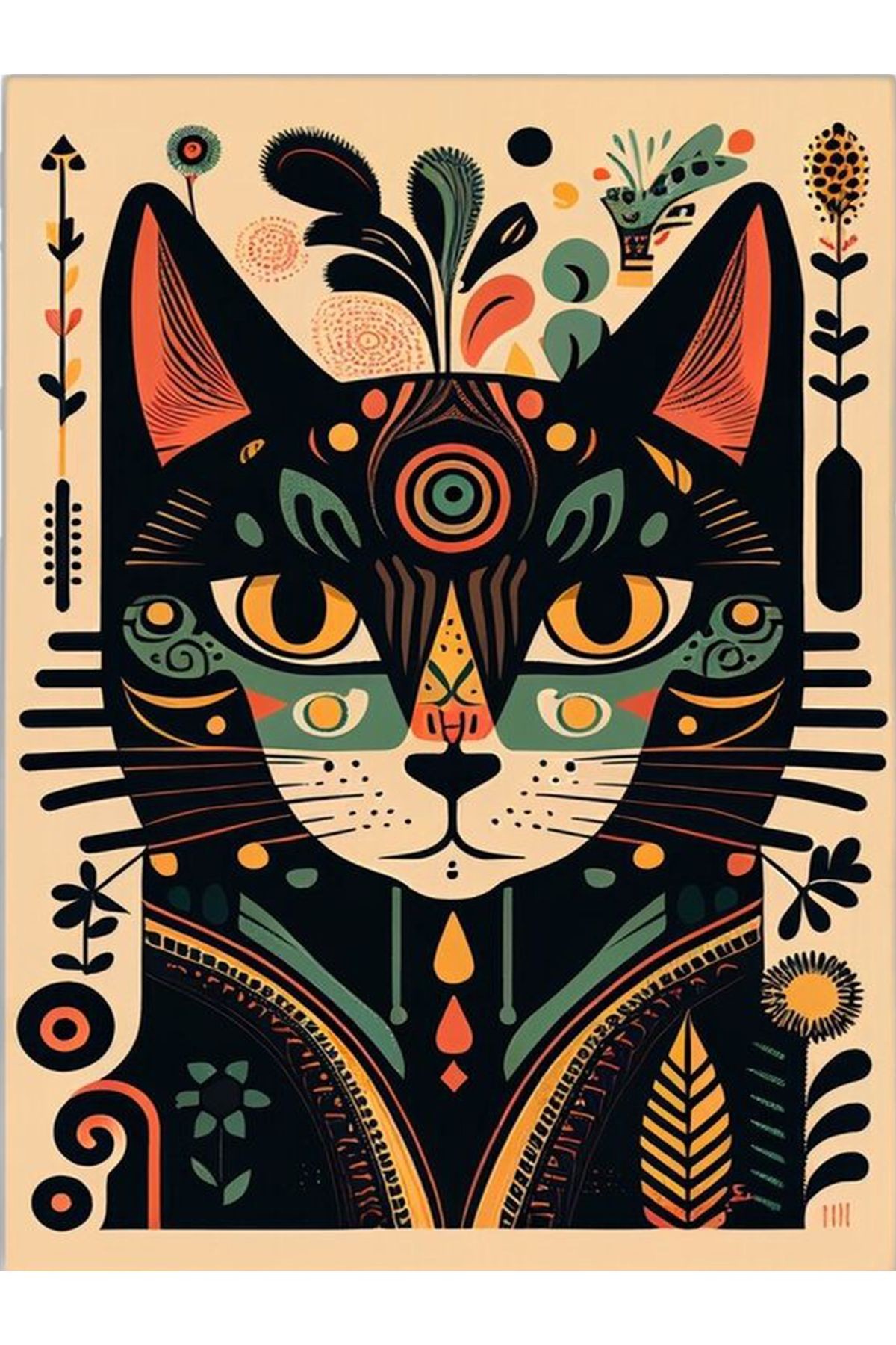 Aynur Koleksiyonu Bohem Tarz Renkli Desenler Detaylı Siyah Kedi Modern Dekoratif Halı aynur20