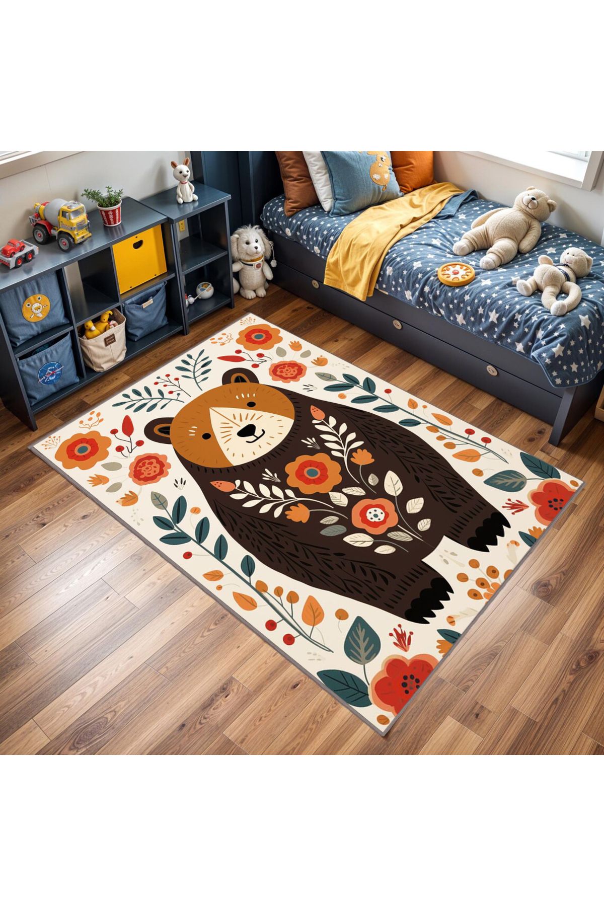 Özge Koleksiyonu Renkli Yaprak ve Çiçekli Sevimli Ayı Desenli Dokuma Taban Dekoratif Halı özge14