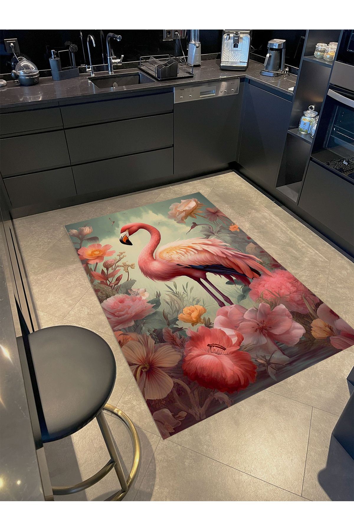 Kubilay Koleksiyonu Çok Renkli Çiçek Detaylı Flamingo Desenli Dokuma Taban Modern Dekoratif Halı 26