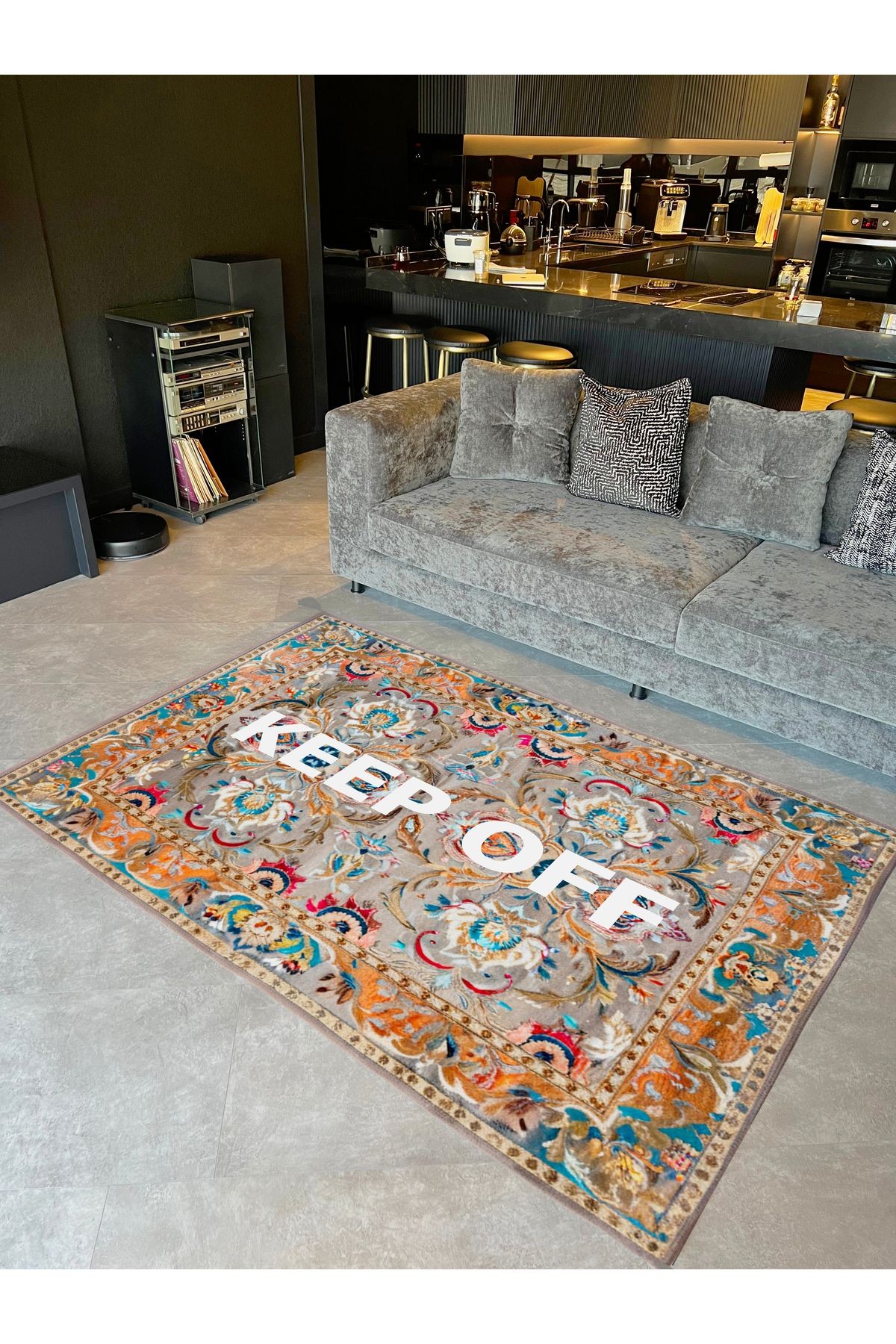 Tokyo Koleksiyonu Gri Temalı Keep Off Yazılı Floral Desenli Dokuma Taban Vintage Dekoratif Halı 23