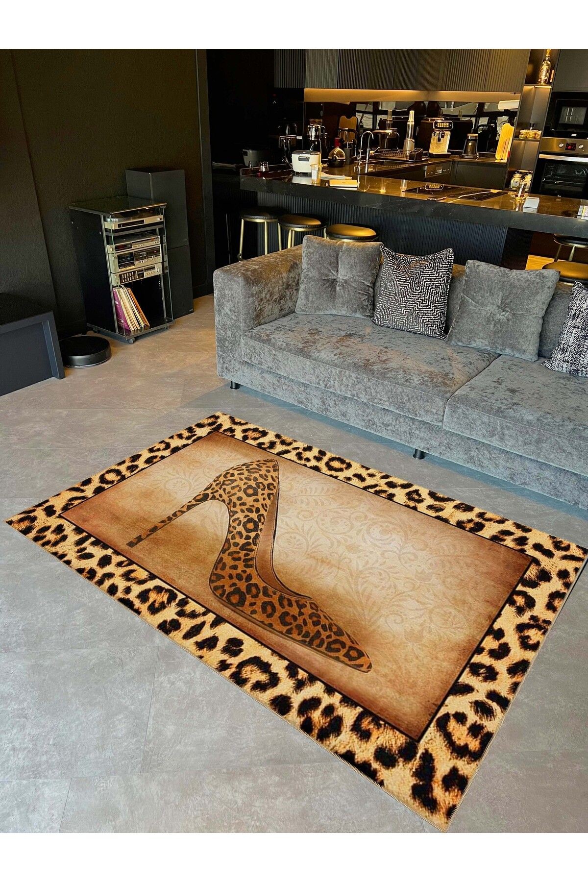 İnci Koleksiyonu Leopar Desenli Topuklu Ayakkabı Detaylı Dokuma Taban Modern Dekoratif Halı inci80