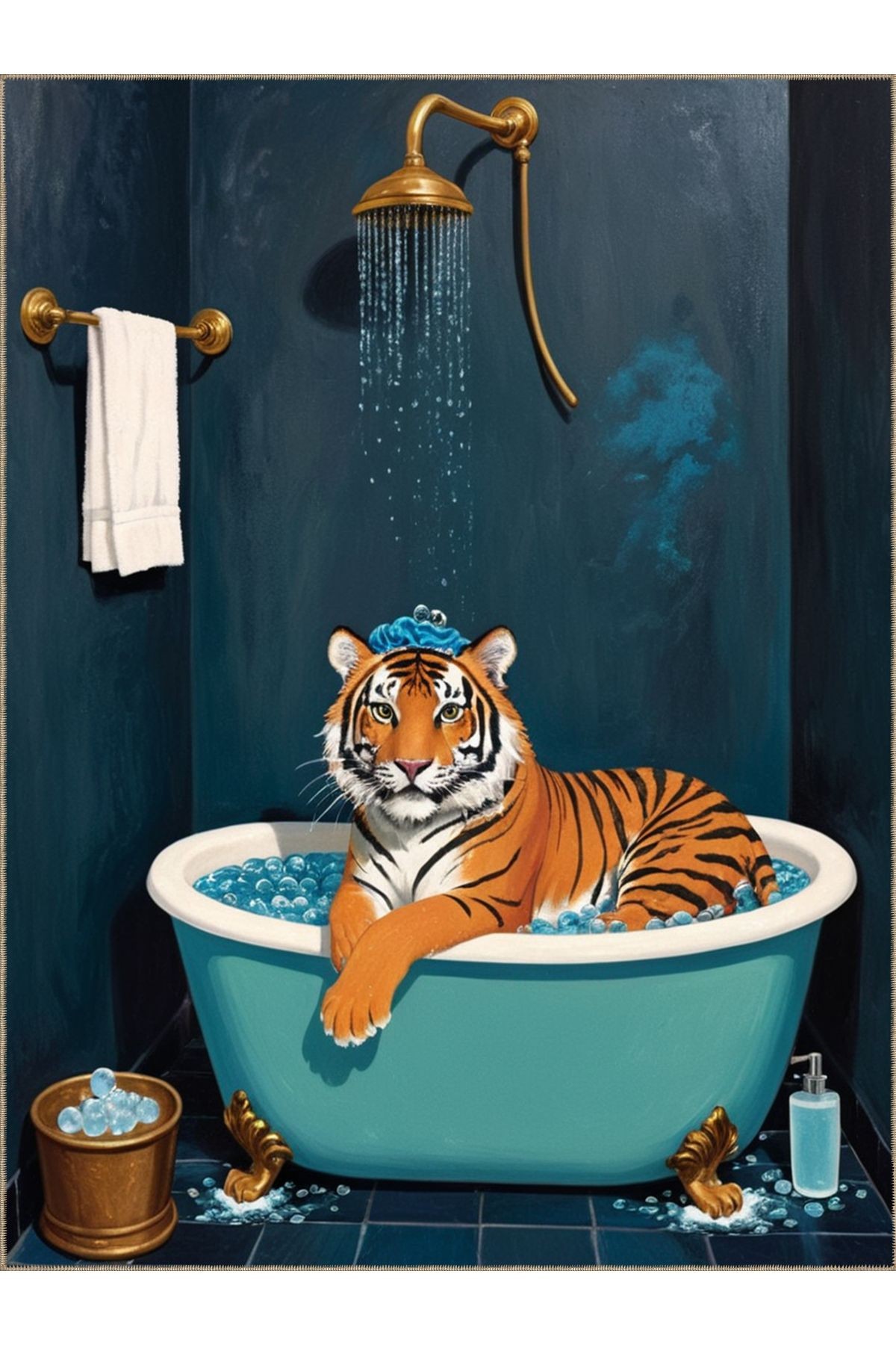 Semih Koleksiyonu Mavi Tema Küvette Banyo Yapan Kaplan Desenli Dokuma Taban Modern Dekoratif Halı 30