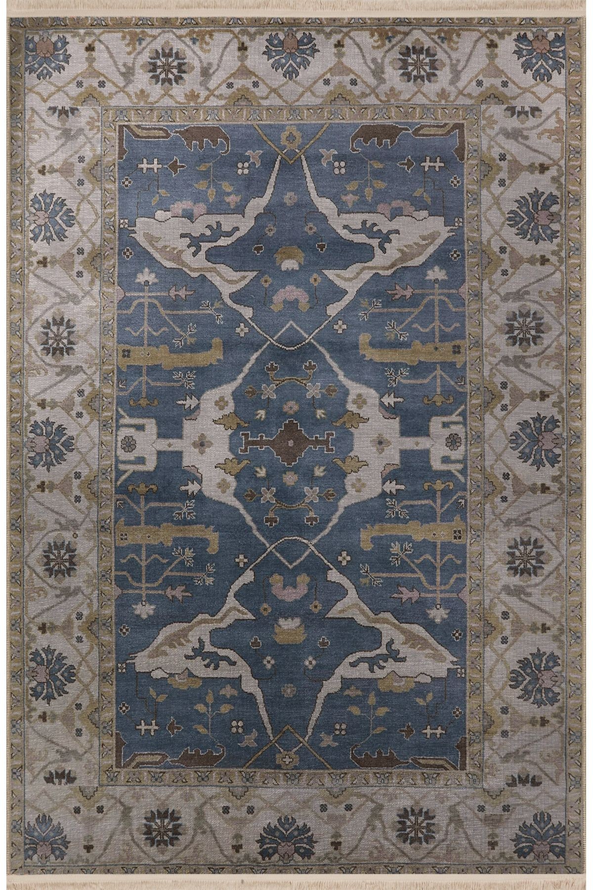 Mavi Bej Temalı Geleneksel Motif Çiçek Desenli Saçaklı Vintage Dekoratif Halı 3134