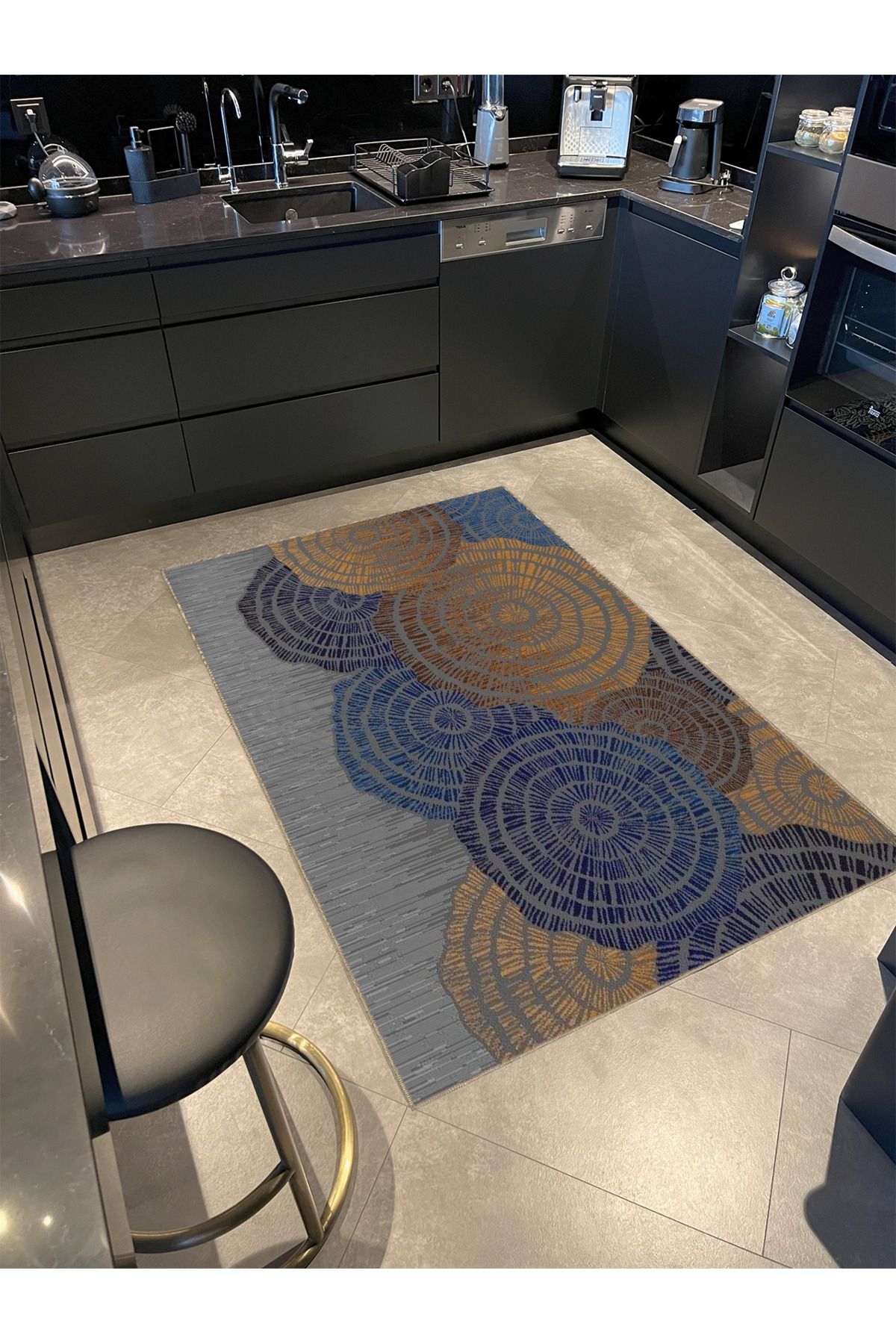 Gri Mavi Temalı Soyut Daire Desenli Kreatif Modern Dekoratif Halı 4904