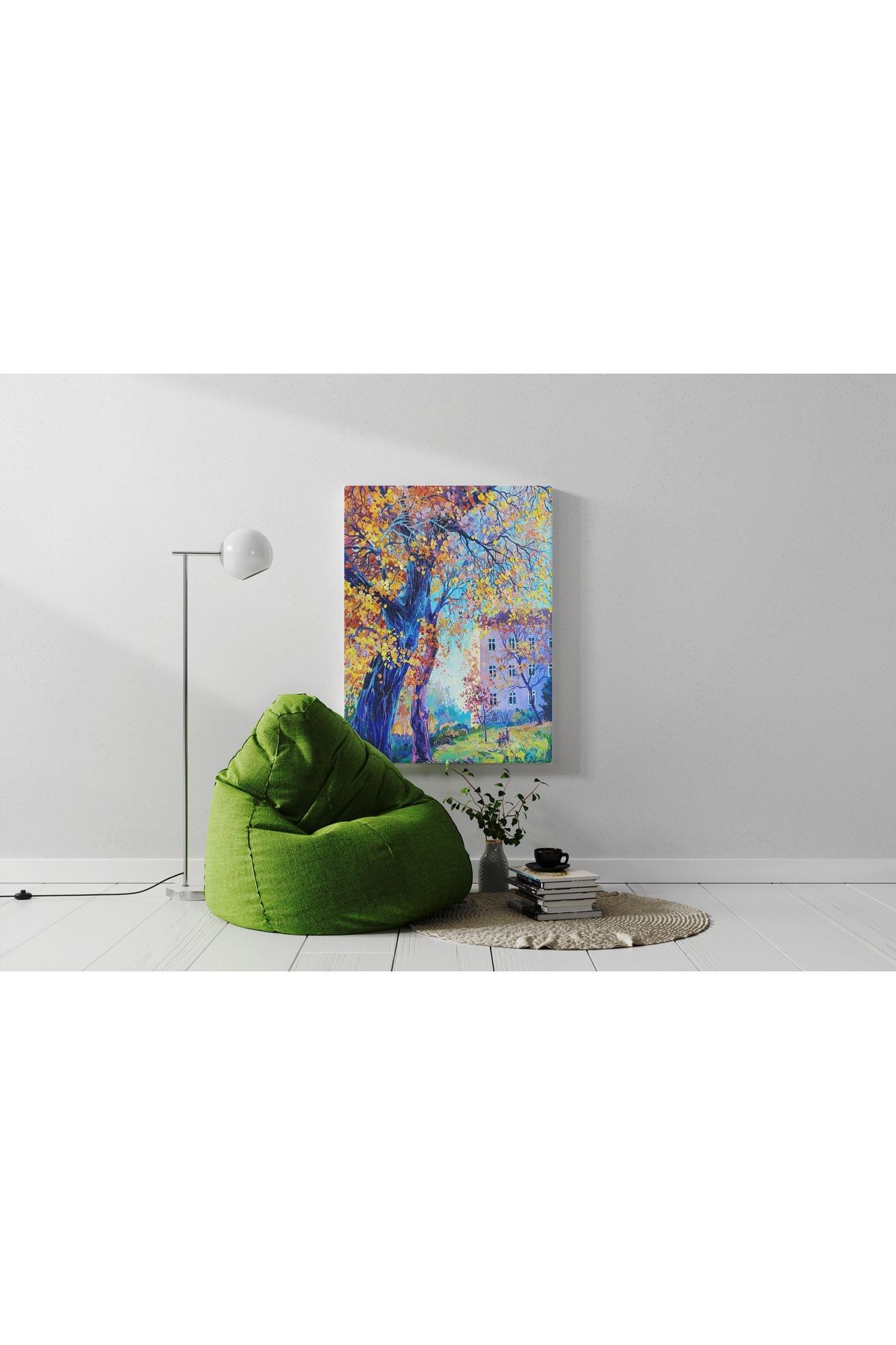 Kanvas Tablo Ev ve Blue Ağaç Desenli Modern Tablo