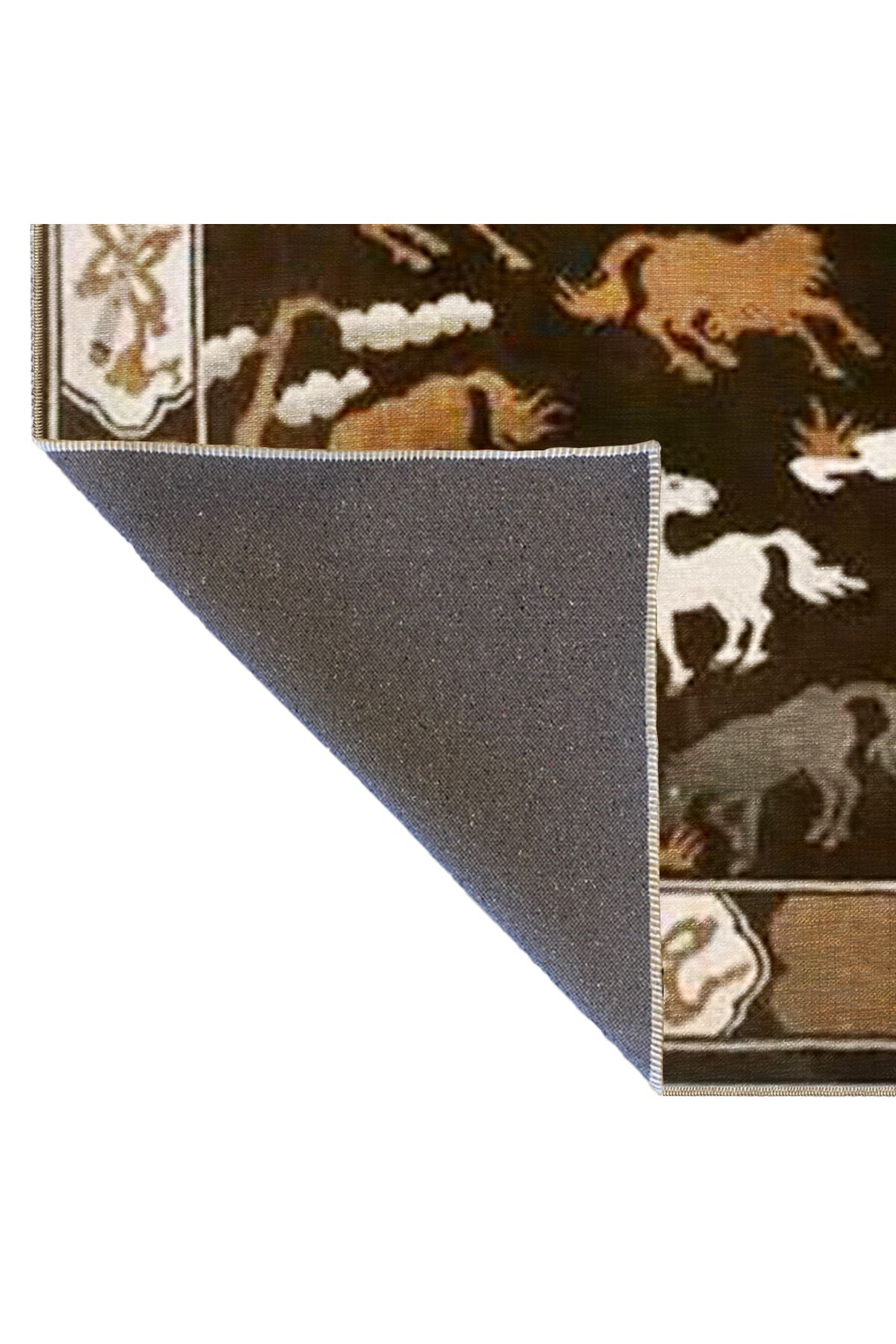 Kahverengi Temalı Asil At Desenli Vintage Dekoratif Halı 3461