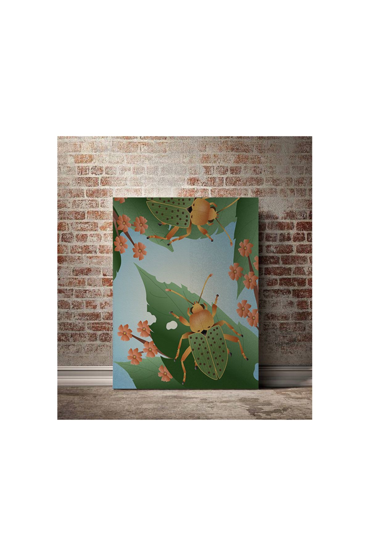 Kanvas Tablo Yapraklı Böcekli Desenli Modern Tablo