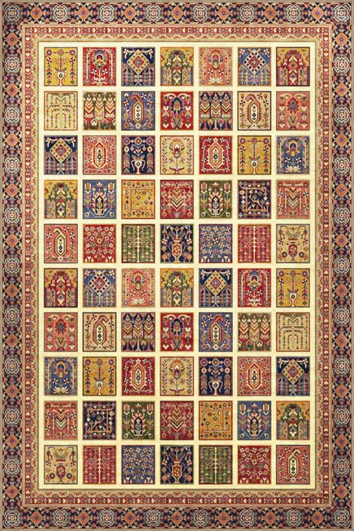 Renkli Kareli Karışık Desen Halı 3684
