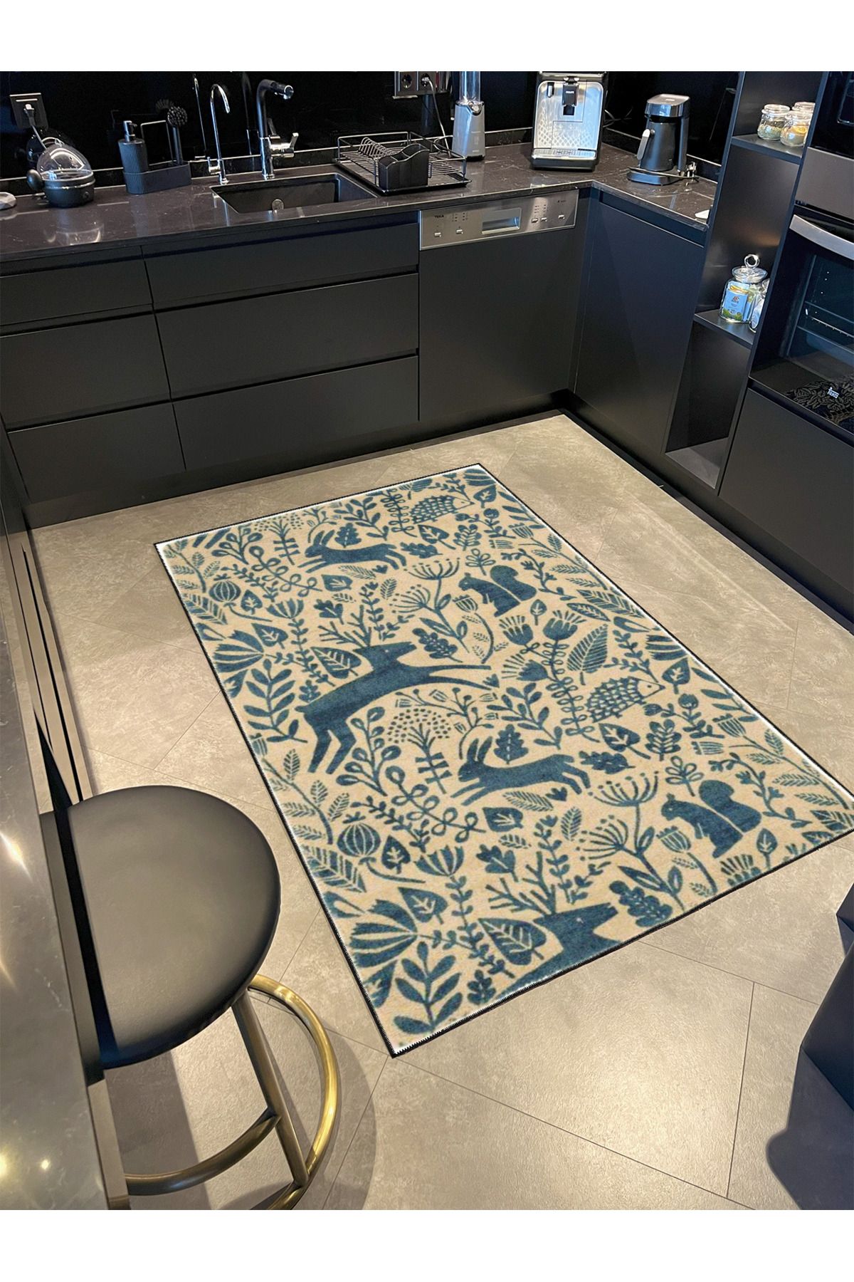 Krem Botanik Şekilli Desenli Dokuma Taban Halı ve Yıkanabilir Halı miravip10141