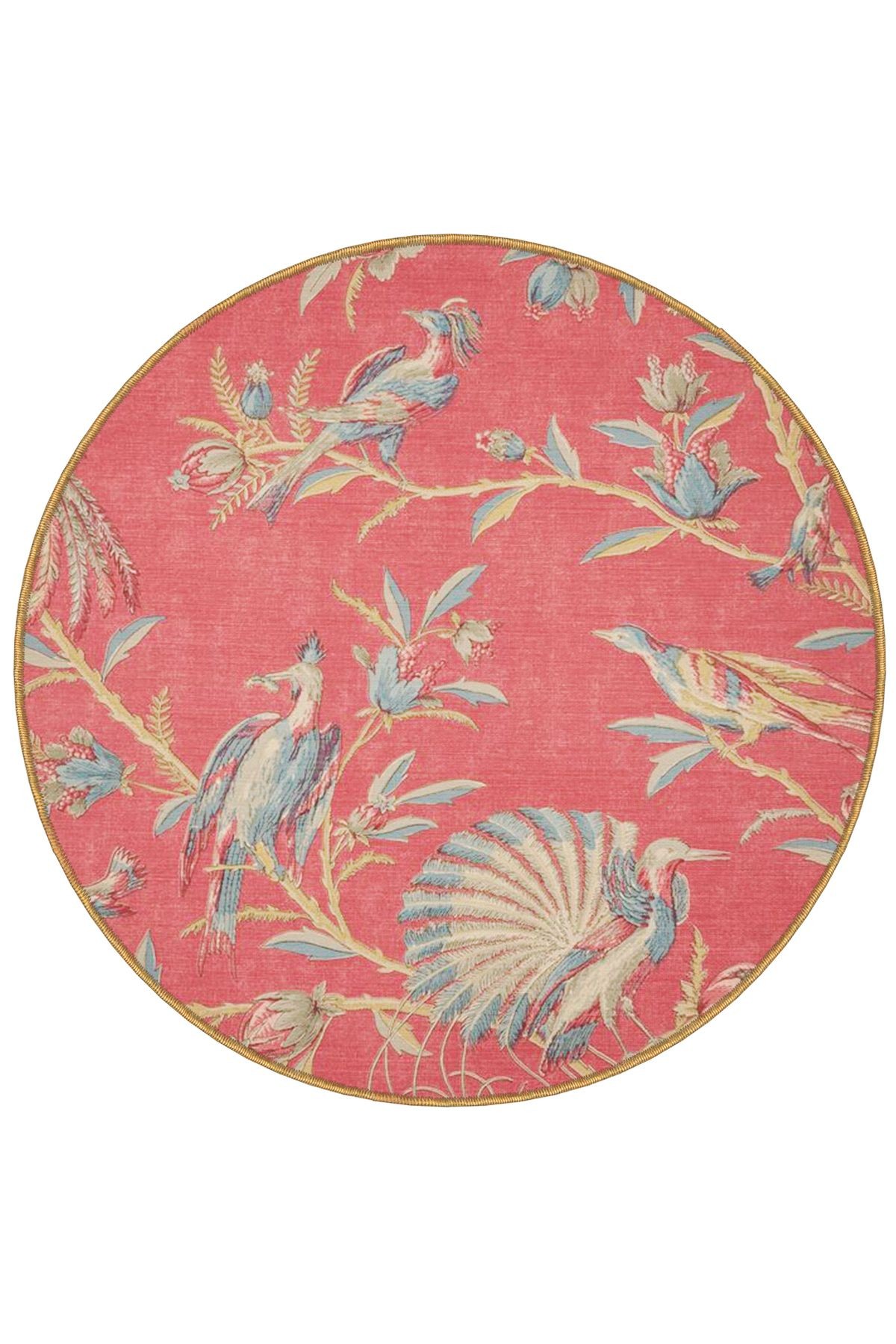 Pembe Temalı Ağaç Dalı ve Kuş Desenli Yuvarlak Dokuma Taban Modern Dekoratif Halı 6095