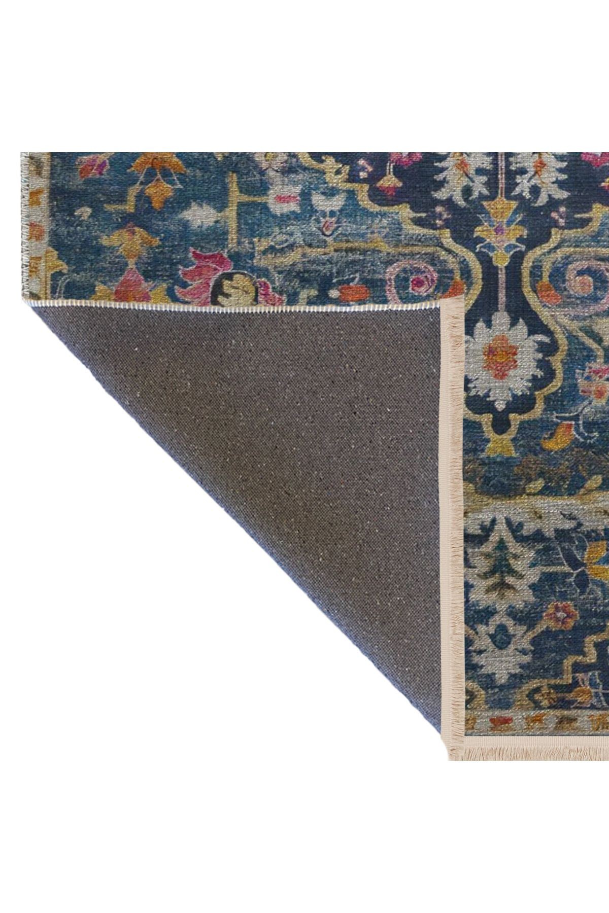 Lacivert Temalı Geleneksel Motif Etnik Çiçek Desenli Kreatif Vintage Dekoratif Halı 2880