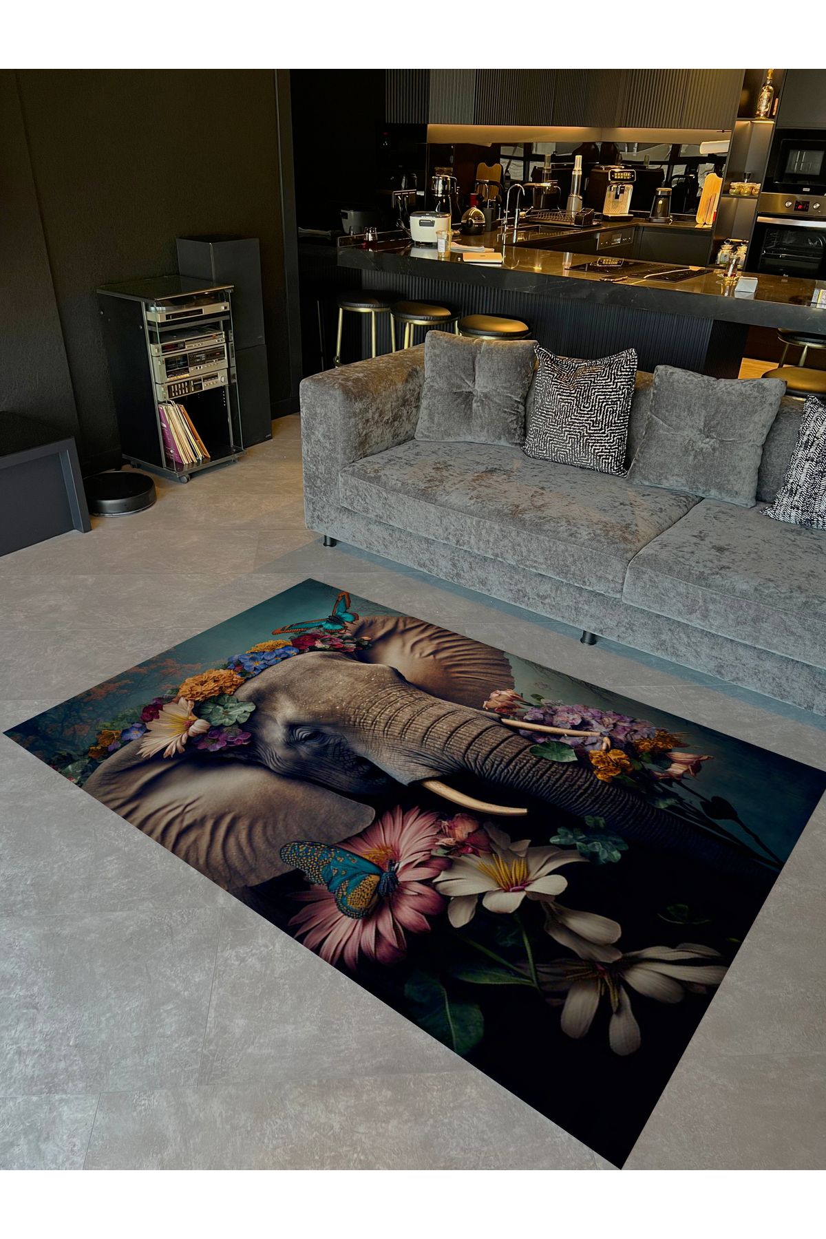 Kubilay Koleksiyonu Çok Renkli Soyut Çiçek Detaylı Fil Desenli Dokuma Taban Modern Dekoratif Halı 40