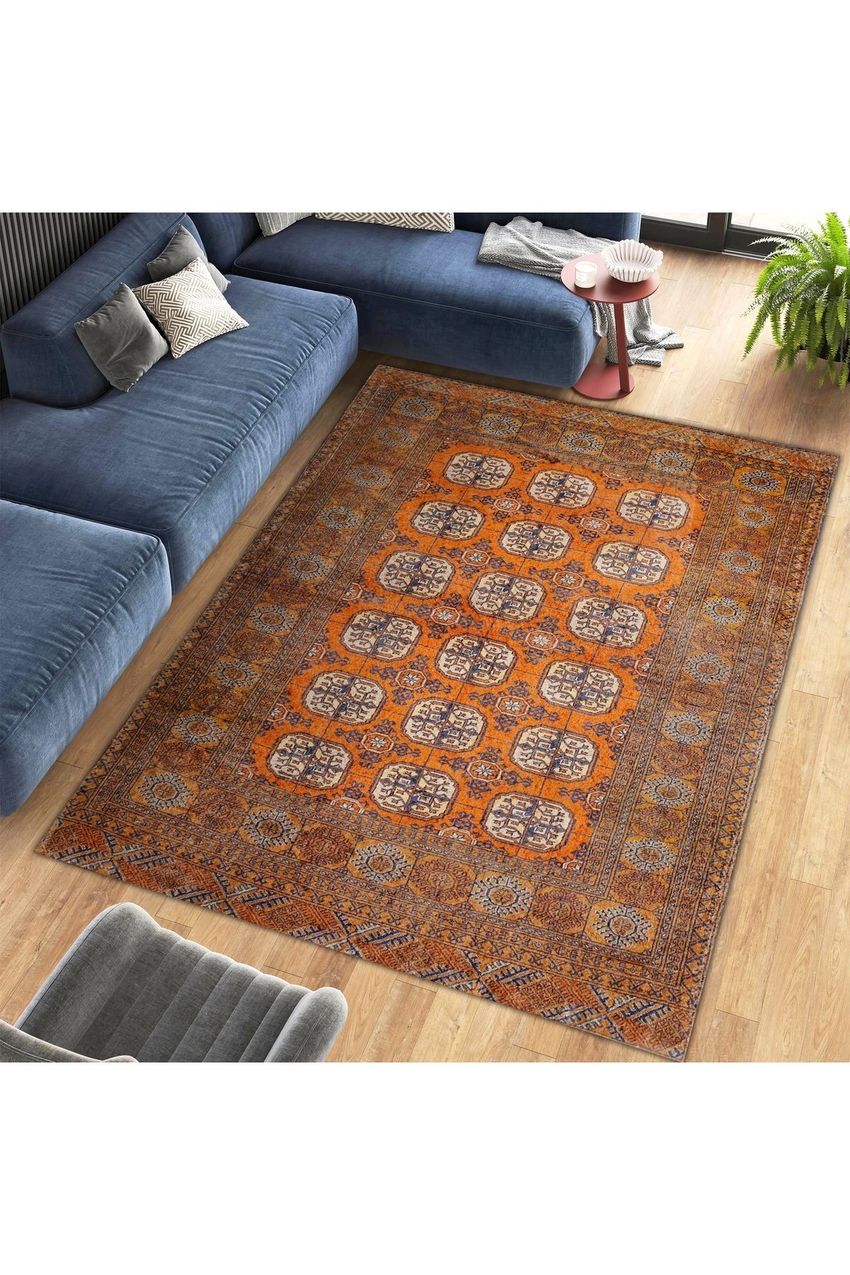 Asena Koleksiyonu Kahve ve Turuncu Temalı Etnik Figür Motifleri Desenli Vintage Dekoratif Halı 15