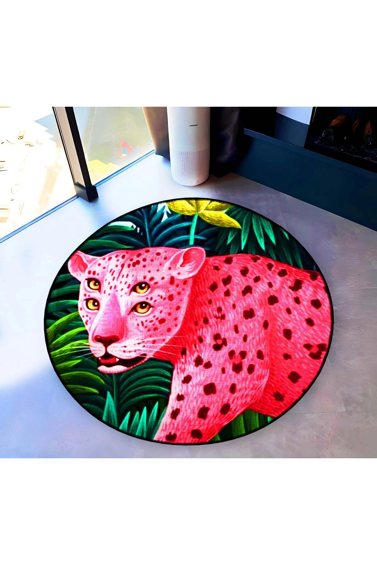 Mira Yuvarlak İki Çift Göz Detaylı Pembe Kaplan Desenli Dokuma Taban Dekoratif Halı mirayuvarlak5830