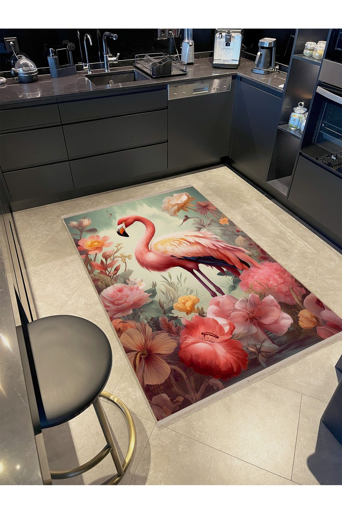 Güneş Koleksiyonu Pastel Tonlarda Flamingo Detaylı Dokuma Taban Modern Dekoratif Halı güneş40