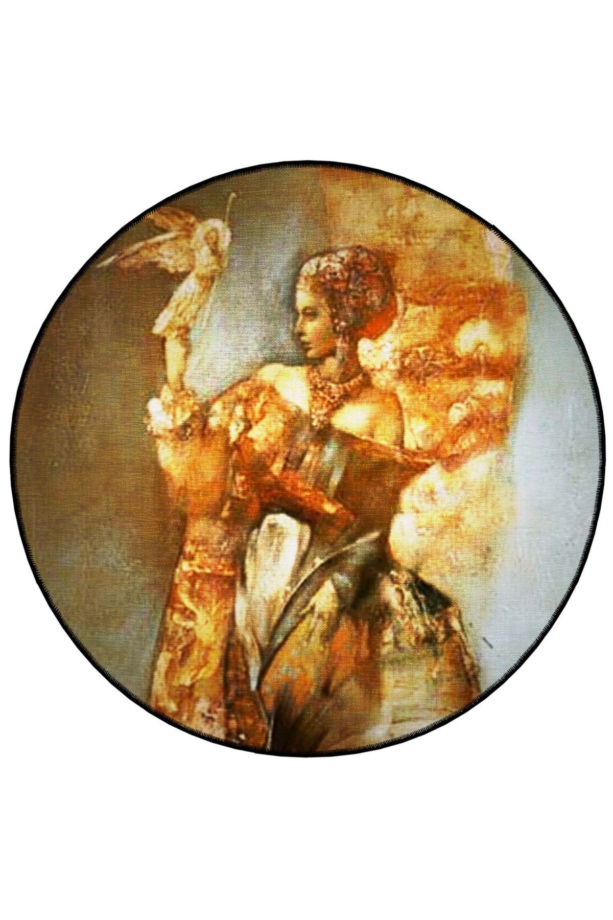Bej Temalı Prenses Portre Desenli Yuvarlak Dokuma Taban Modern Dekoratif Halı 6237