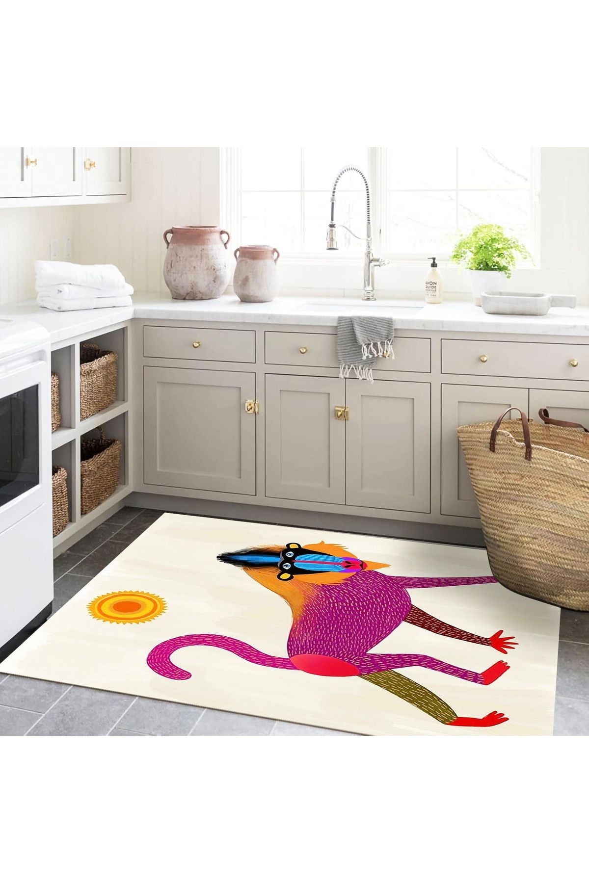 Ebru Koleksiyonu Güneş ve Çok Renkli Maymun Desenli Dokuma Taban Modern Dekoratif Halı ebru18