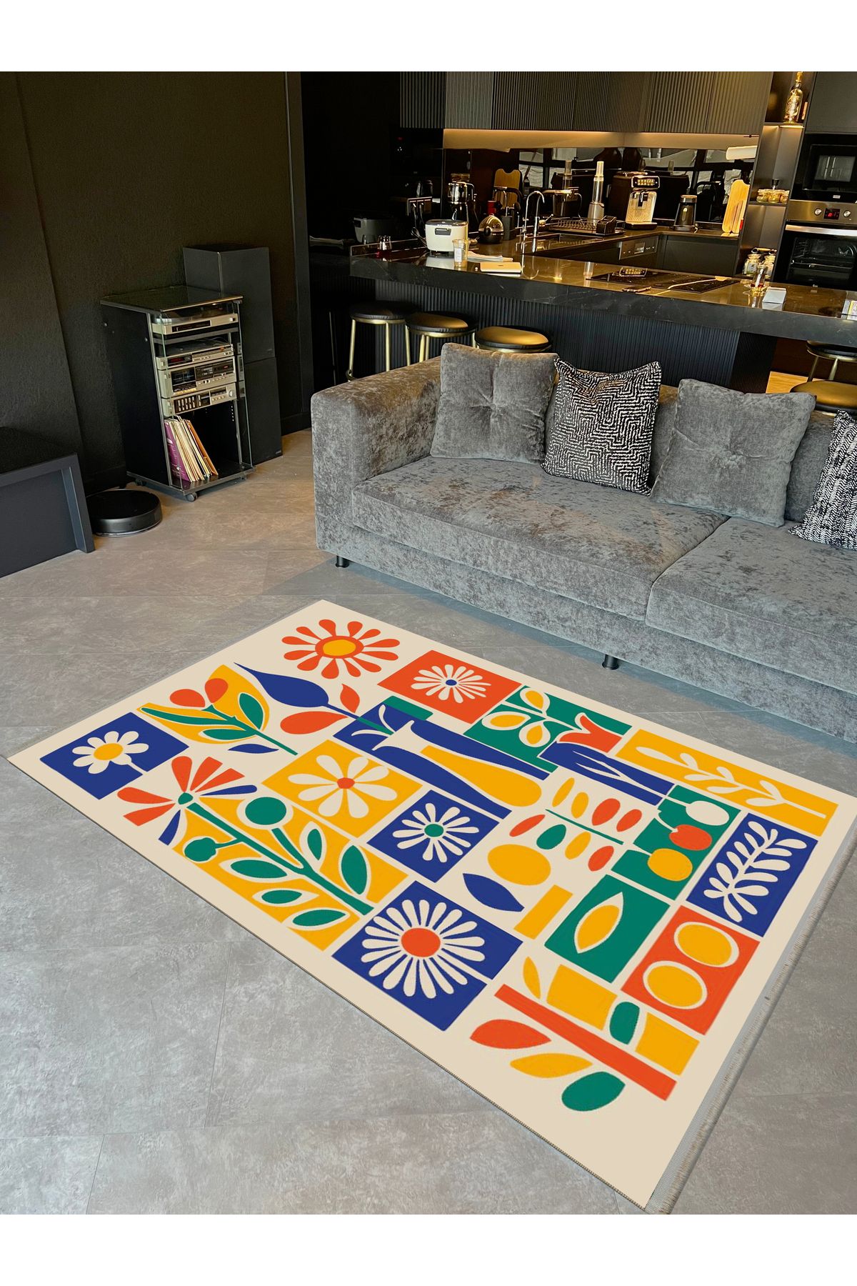 Özge Koleksiyonu Çok Renkli Çiçek Vazo Temalı Dokuma Taban Modern Dekoratif Halı özge13