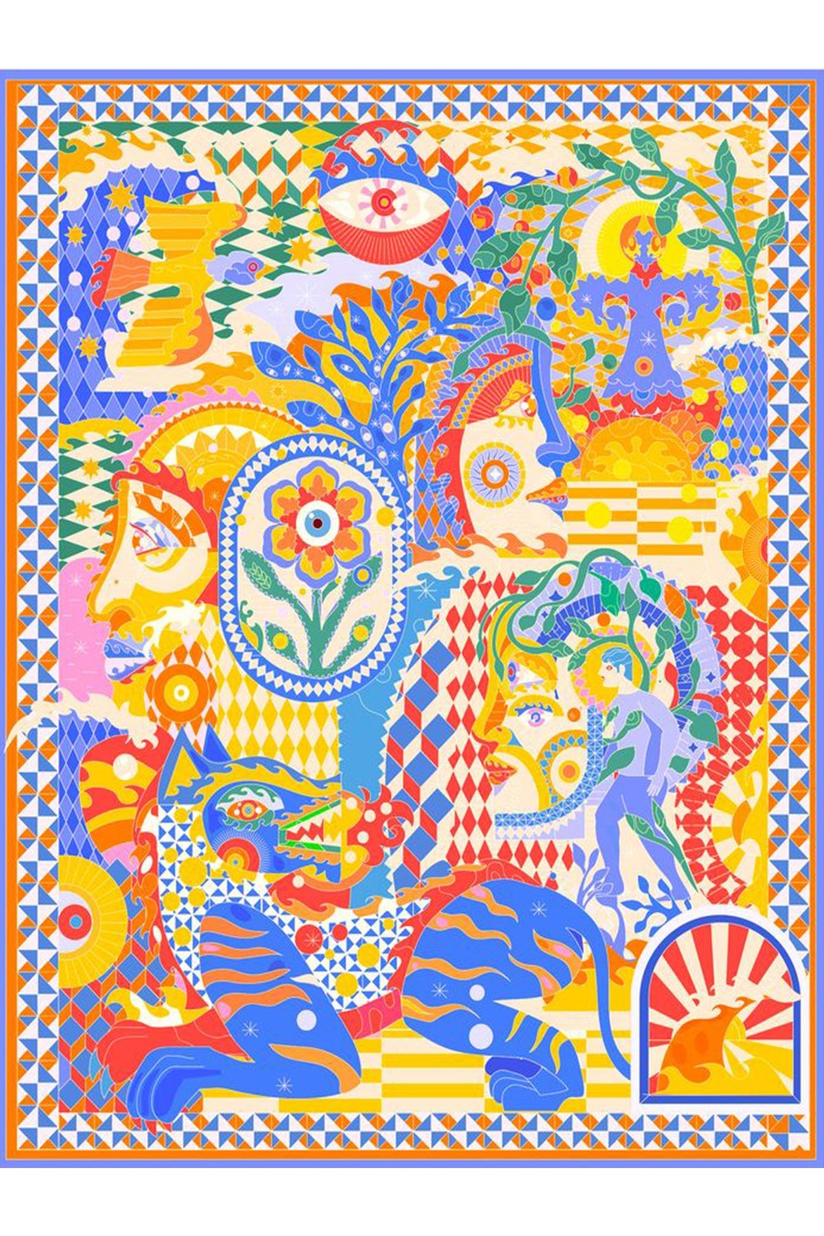 Asena Koleksiyonu Çok Renkli İnsan Çiçek ve Kaplan Figürleri Desenli Modern Dekoratif Halı 34