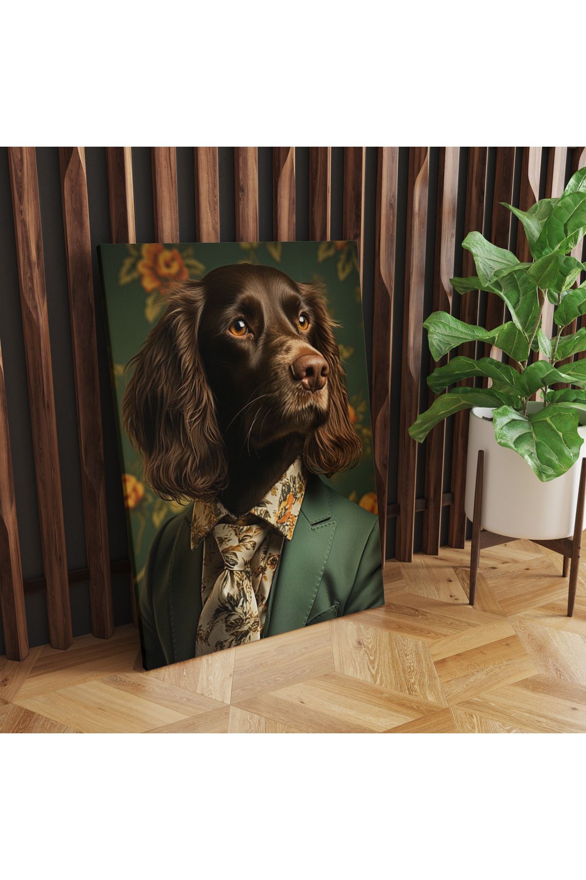 Kanvas Tablo Yeşil Ceketli Kahverengi Köpek Desenli tablo5001