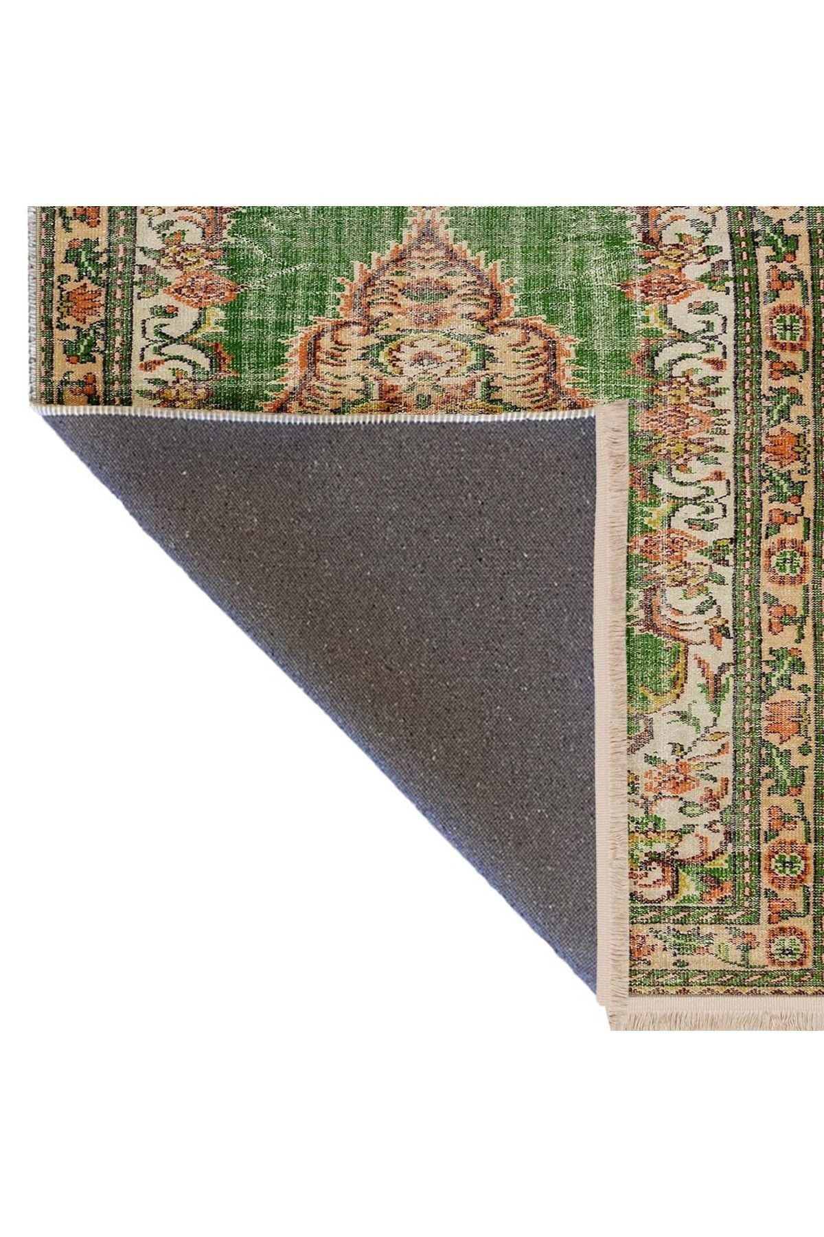 Memlük Koleksiyonu Yeşil Bej Tema Geleneksel Vintage Desenli Dokuma Taban Dekoratif Halı memlük21