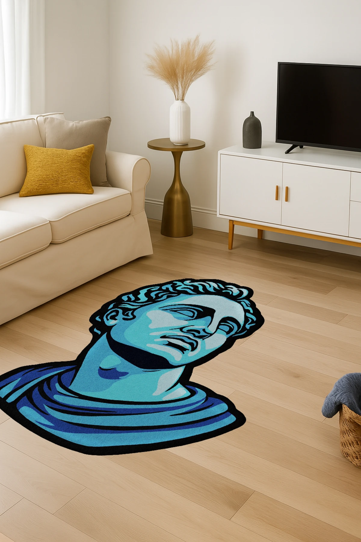 MOSSO Mavi Tonda Yunan Heykeli Figürü Desenli Dokuma Taban Modern Dekoratif Halı mosso343