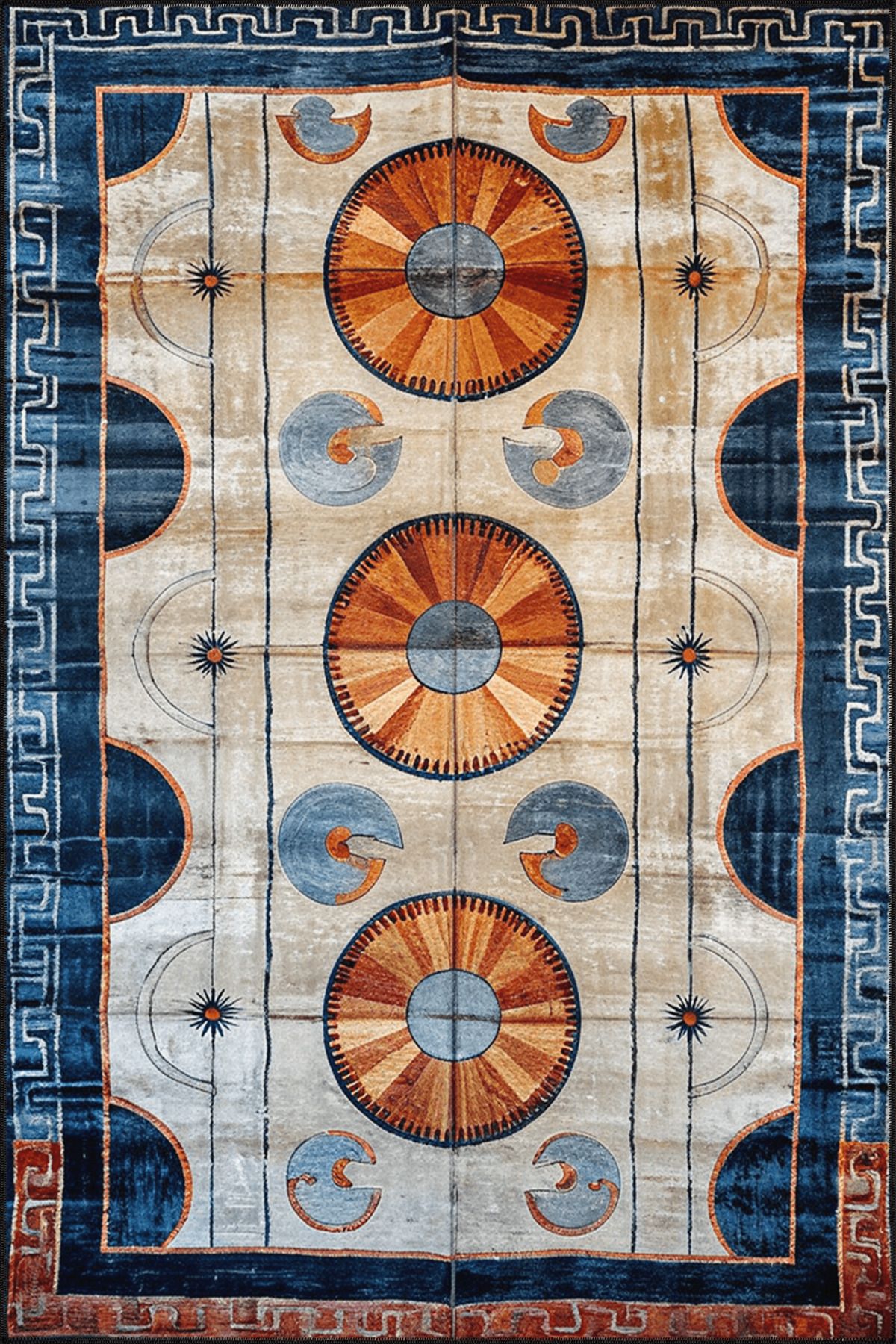 Paris Koleksiyonu Bej Mavi Temalı Geometrik Şekiller Desenli Vintage Dekoratif Halı 103