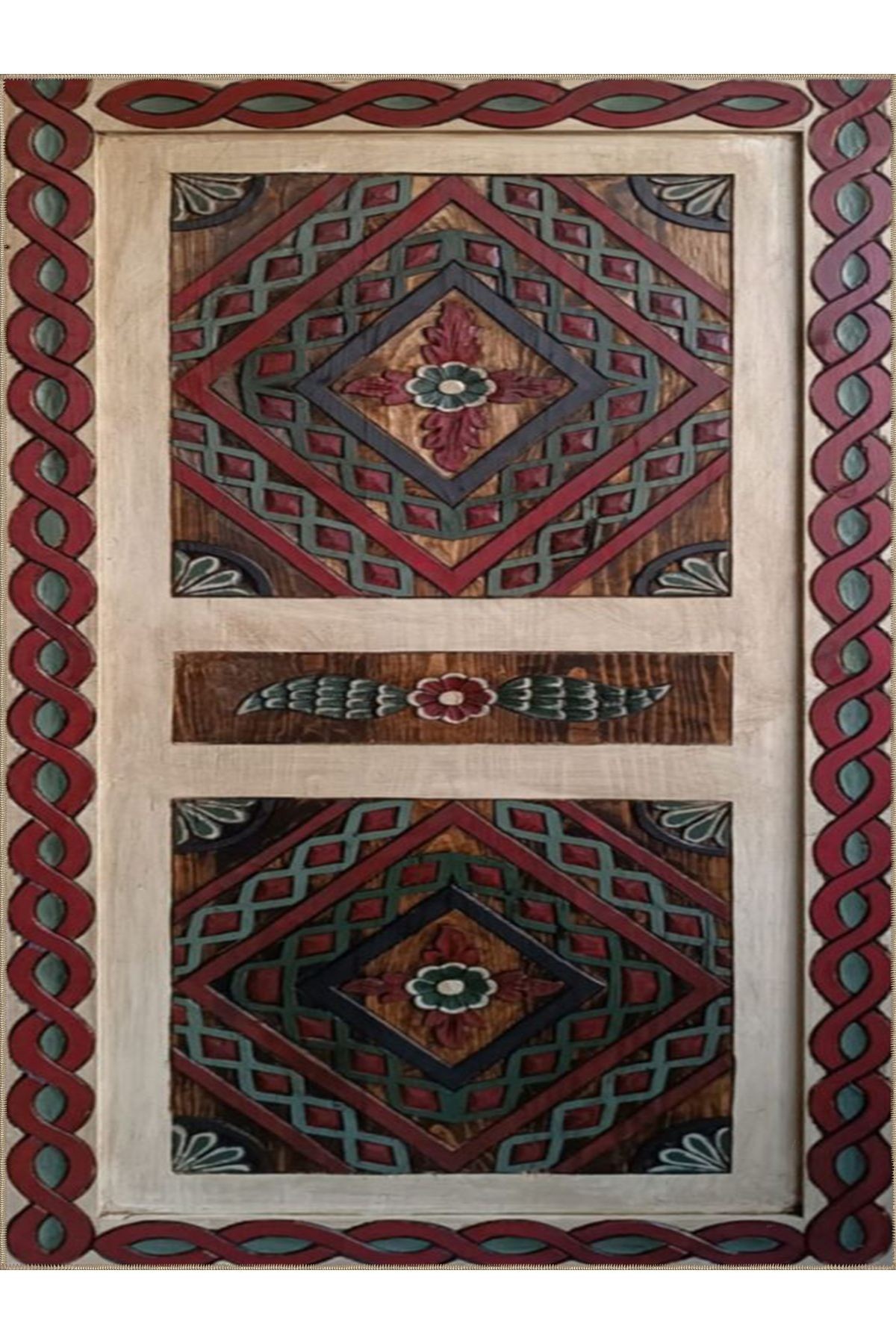 Seda Koleksiyonu Bordo Bej Yeşil Antik Desenli Dokuma Taban Modern Dekoratif Halı seda03