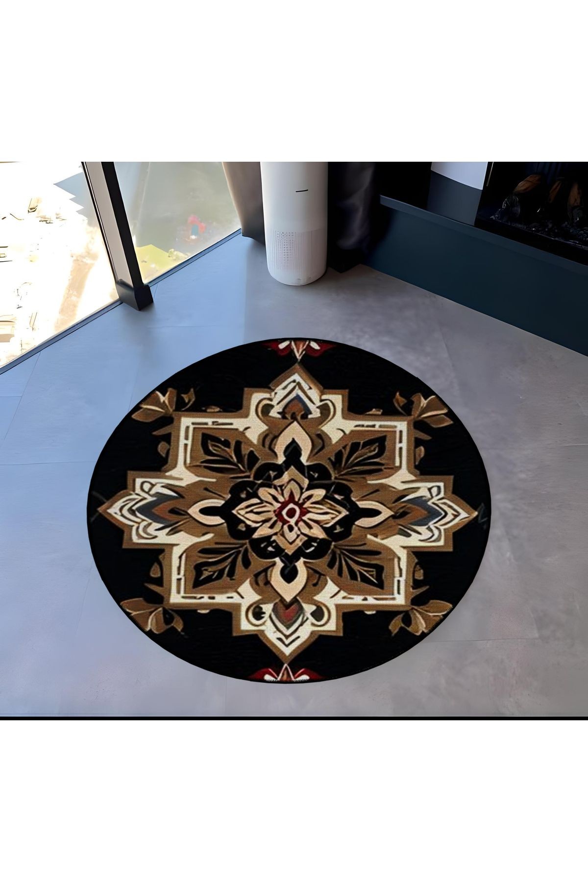 Kahverengi Temalı Çiçek Motifli Desenli Yuvarlak Dokuma Taban Vintage Dekoratif Halı 6078