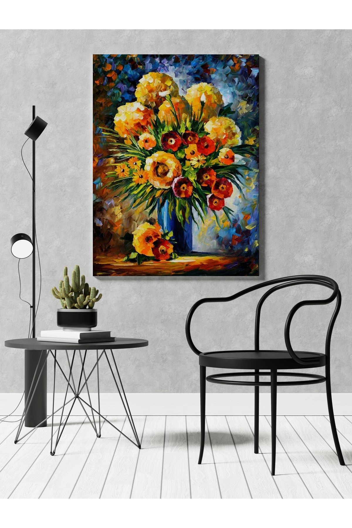 Kanvas Tablo Sarı Vazo Çiçekli Modern Desenli Renkli Temalı Modern Tablo