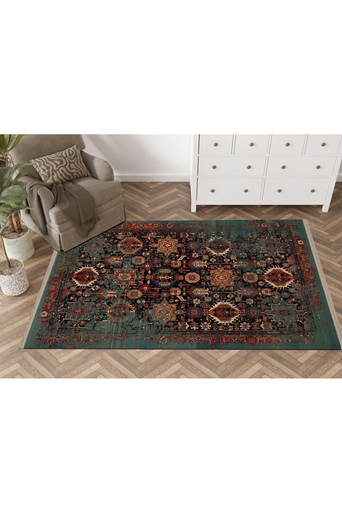 Çok Renkli Geleneksel Motif Soyut Desenli Vintage Dekoratif Halı 1662
