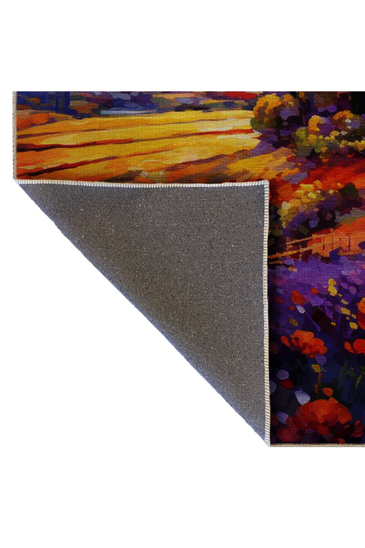 Pastel Renkler Gün Batımı ve Köy Desenli Modern Dekoratif Halı 5387