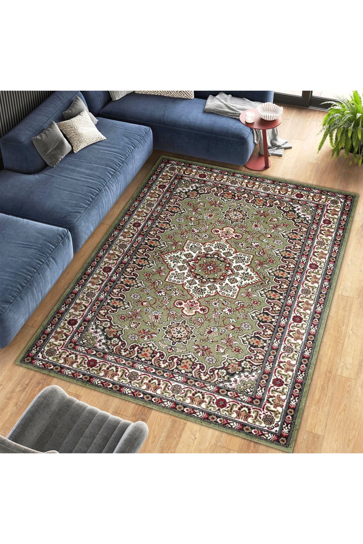 Kuzey Koleksiyonu Yeşil Etnik Desenli Dokuma Taban Dekoratif Halı kuzey04