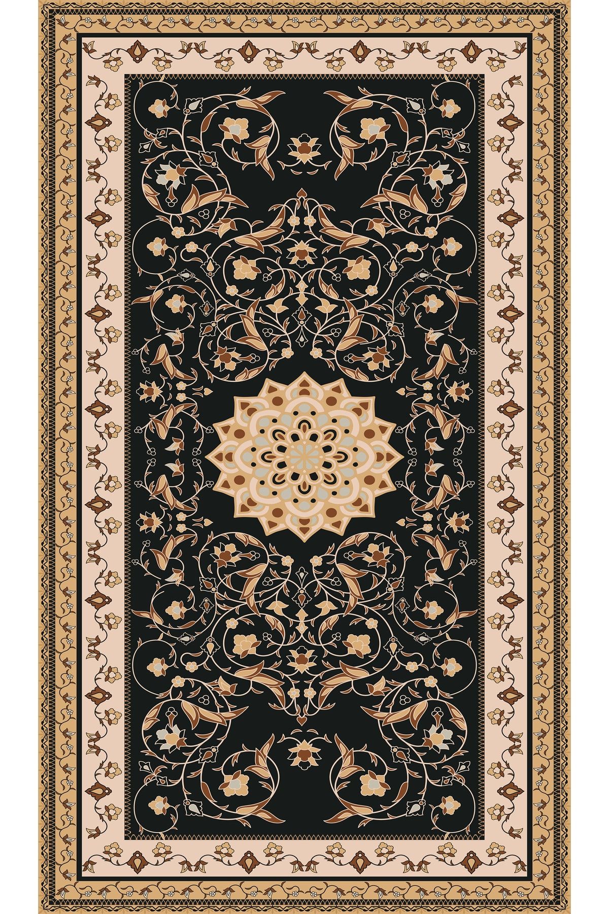 Siyah Ve Kahverengi Çiçek Karışımlı Geometrik Desenli Seccade 70x120