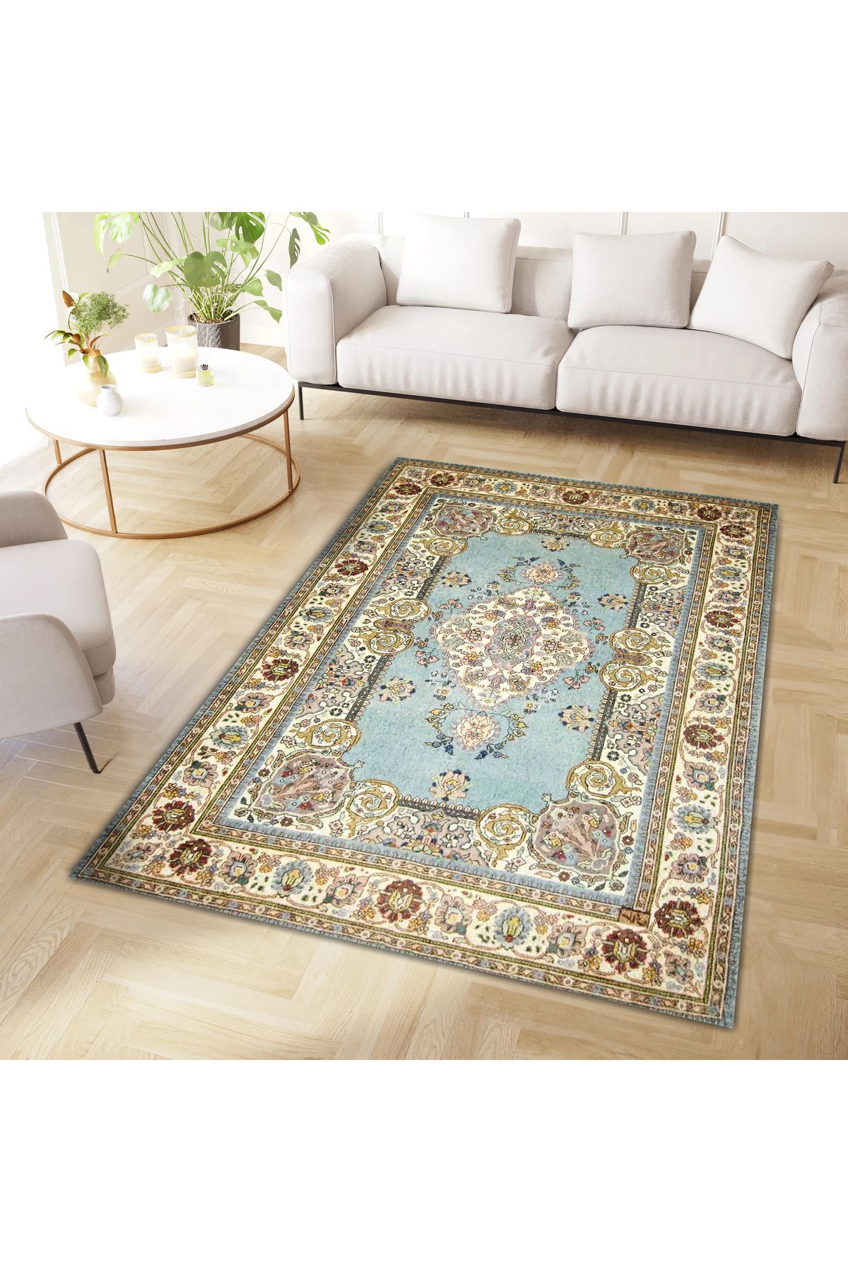 Mete Koleksiyonu Mavi ve Bej Temalı Geleneksel Motif Desenli Vintage Dekoratif Halı 03