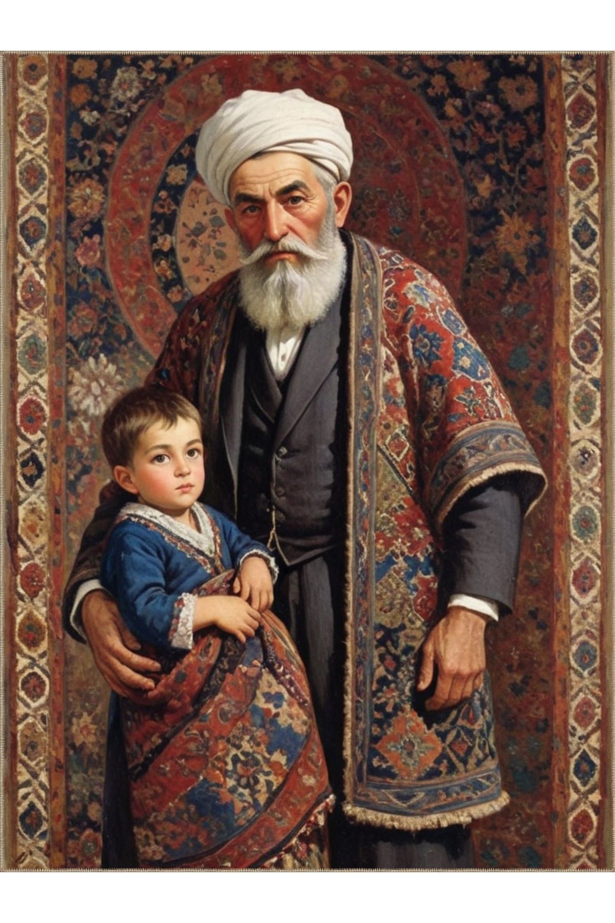 Semih Koleksiyonu Dede ve Torun Figürleri ve Motifler Desenli Dokuma Taban Vintage Dekoratif Halı 29